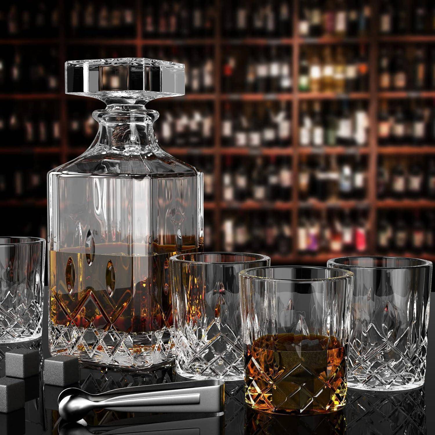 Whiskey Karaffe Set 750ml mit 4 Whiskeygläsern 12 Steine in Holzkiste