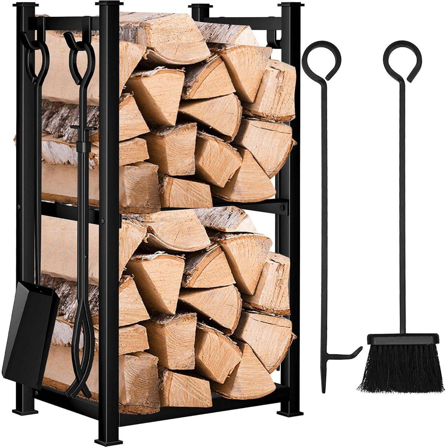 Kaminholzregal 4 Kaminwerkzeug 72x46x30cm Innen Außen Schwarz