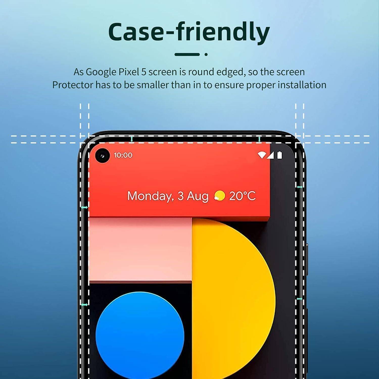 Bedienfreundlicher Displayschutz für Google Pixel 5. Perfekte Passform auf dem Bildschirm mit Datum ‚Montag, 3. Aug' und Wetter ‚20°C'.