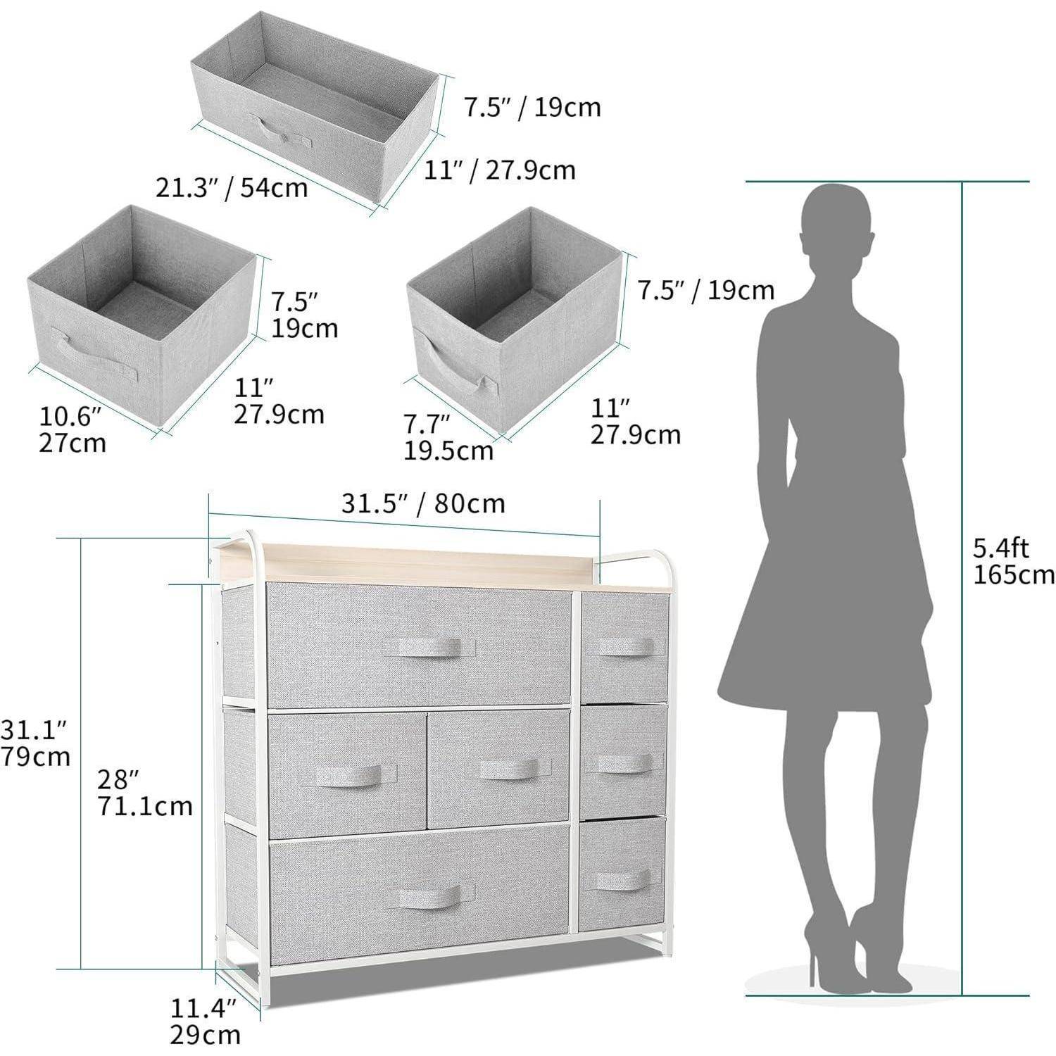 Kommode mit 7 Schubladen aus Stoff Hellgrau für