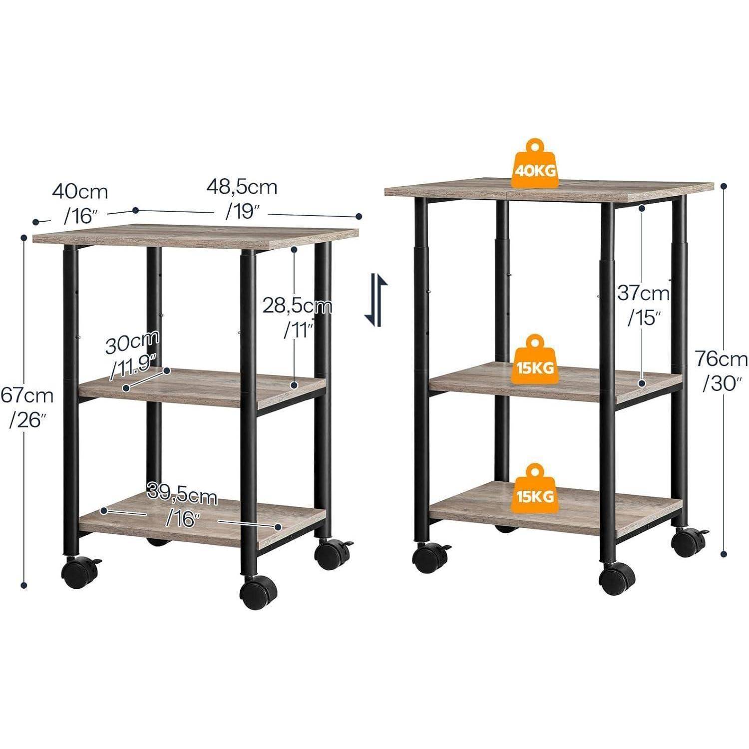 Druckertisch Rollbar mit 3 Ebenen arretierbaren Rädern 48,5 x 40 x 67