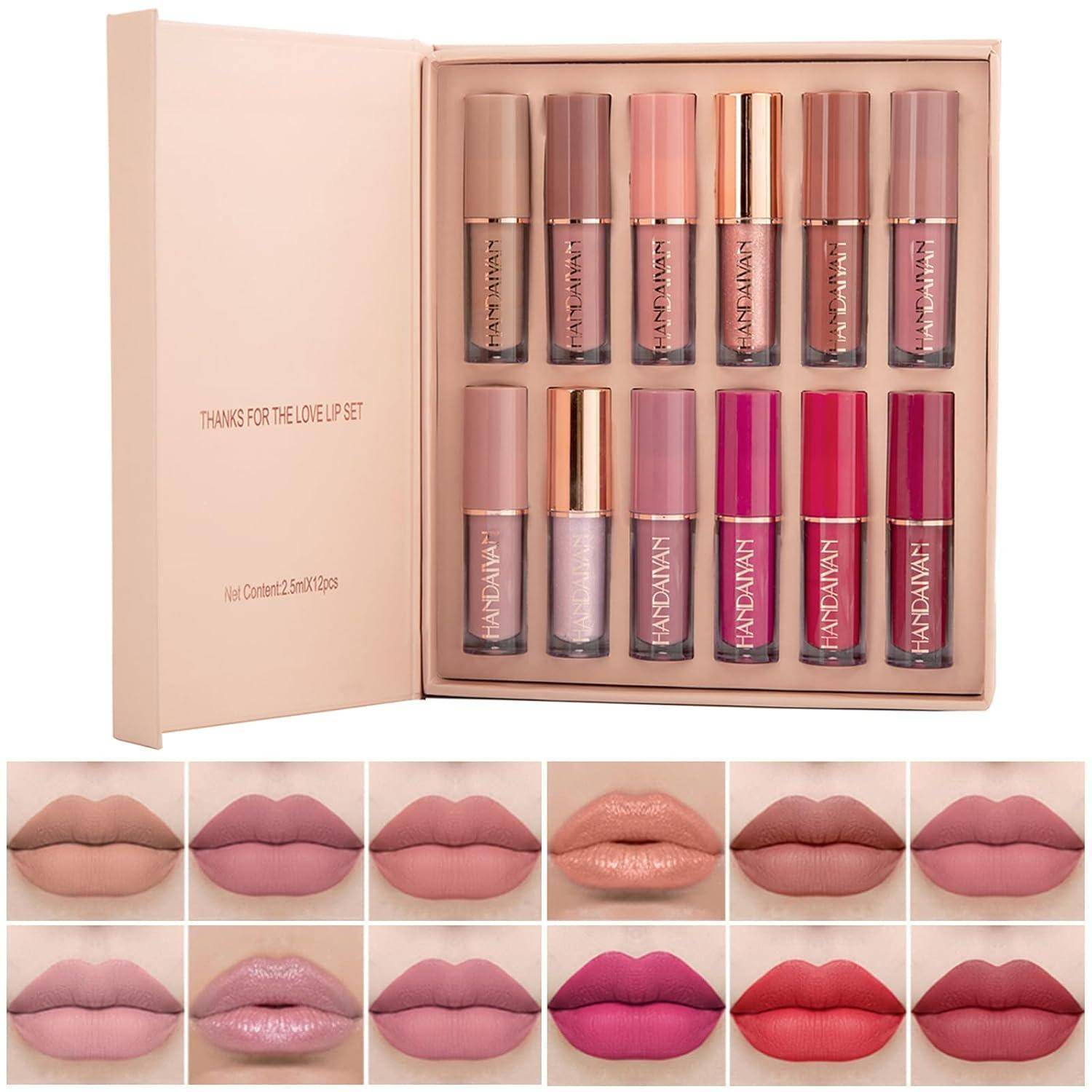 12 Farben Nude Matte Lippenstift & Lipgloss Set wasserdicht