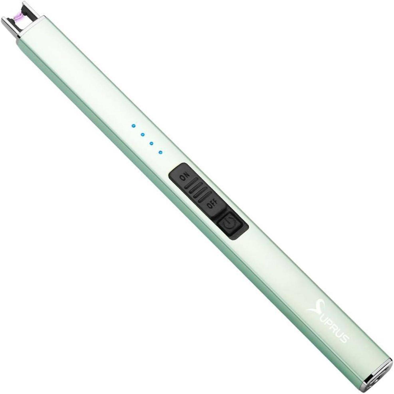 Ein schlankes, hellgrünes, aufladbares elektrisches Feuerzeug mit einem Zündknopf, Ein-/Ausschalter und vier blauen LED-Leistungsanzeigen an seiner Seite.