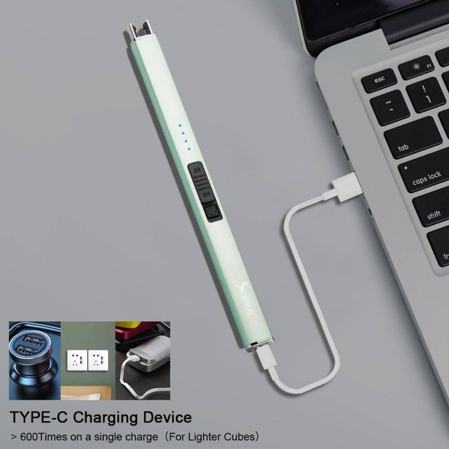 Schlankes, leichtes grünes Gerät mit Tasten und Leuchten, über USB-C mit einem Laptop verbunden. Eingesetzte Bilder zeigen Netzteiladapter und Kabelnutzung.