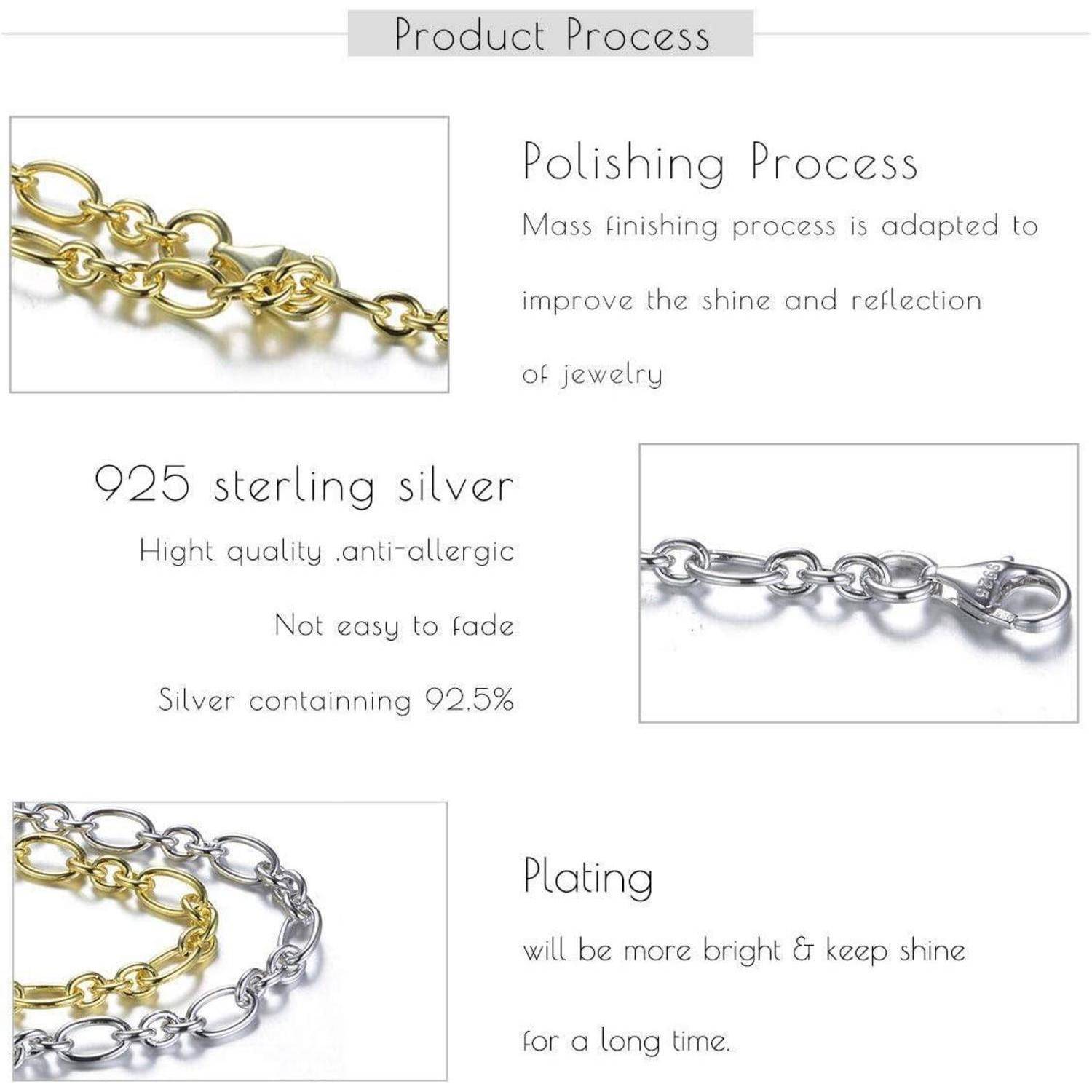 Produktprozess': Beschreibt das Polieren, die Zusammensetzung von 925er Sterlingsilber und die Vorteile der Veredelung für Glanz und Langlebigkeit von Schmuck.