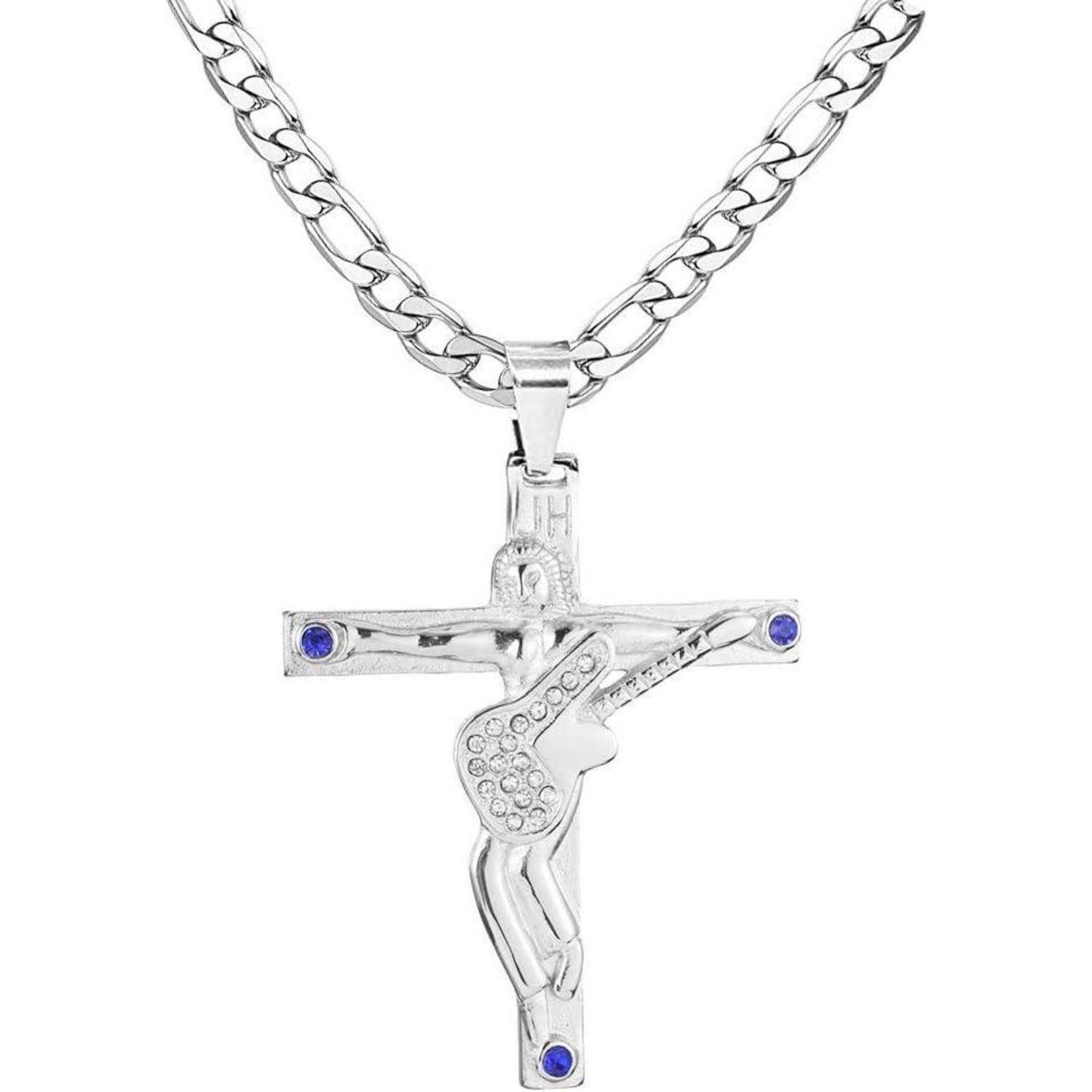 Anhänger einer menschenähnlichen Figur an einem Kreuz, eine Gitarre haltend, geschmückt mit blauen Steinen, an einer Silberkette.