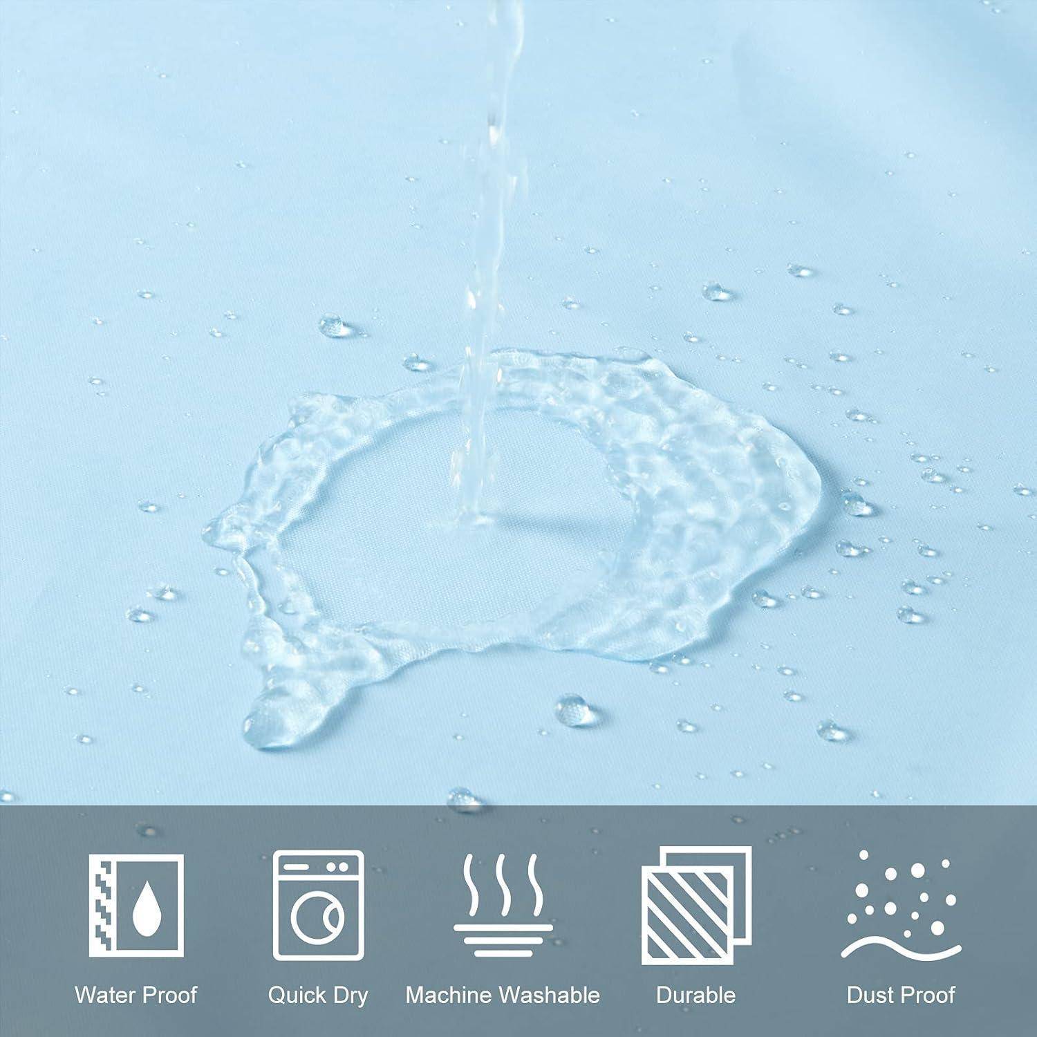 Wassertropfen auf Stoff zeigen die wasserdichte Qualität an. Icons unten heben Merkmale hervor: wasserdicht, schnell trocknend, maschinell waschbar, strapazierfähig, staubdicht.
