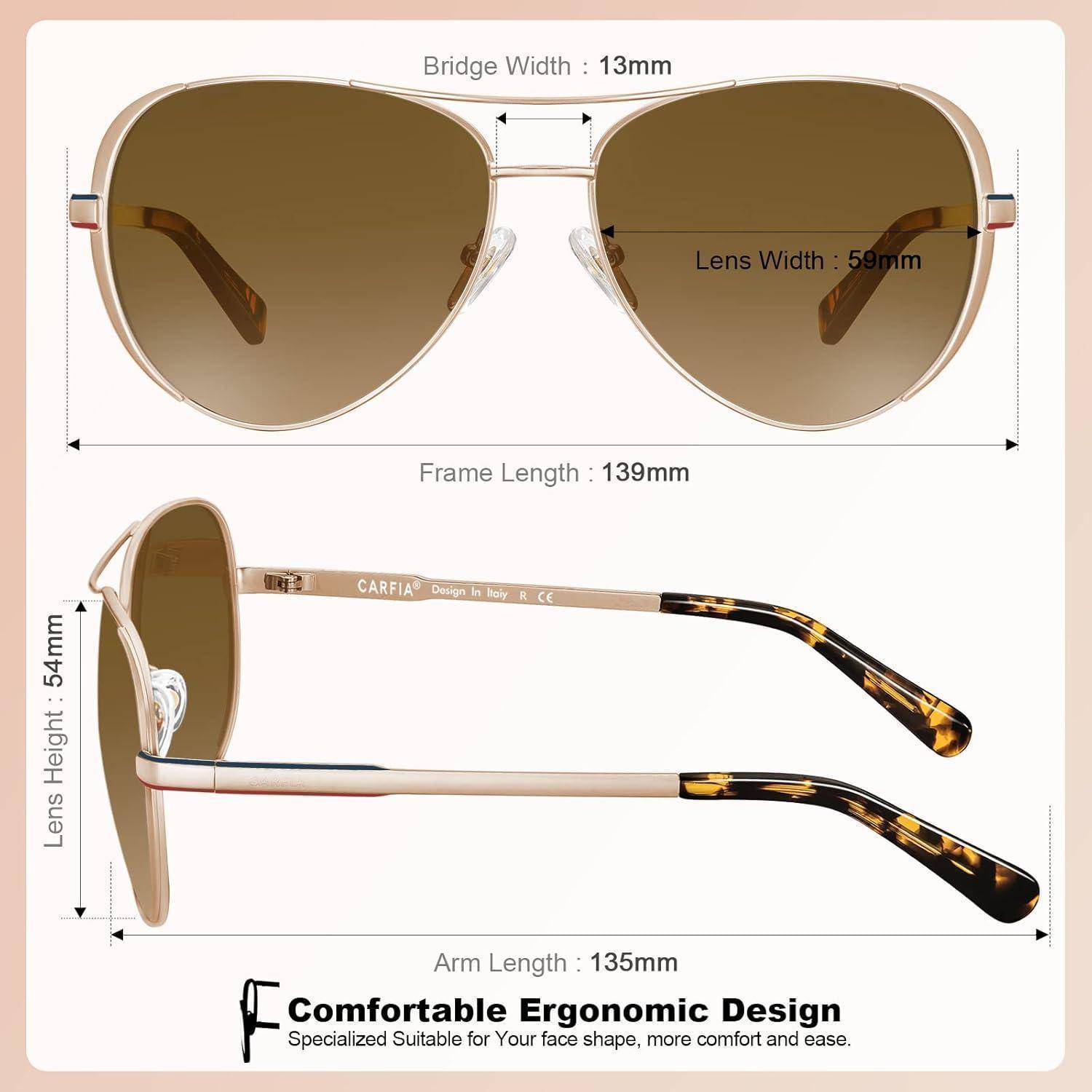 Sonnenbrille mit braunen Gläsern. Abmessungen angegeben: Stegbreite 13mm, Glasbreite 58mm, Rahmenlänge 139mm, Glashöhe 54mm, Armlänge 135mm. Text: 'Komfortables ergonomisches Design'.