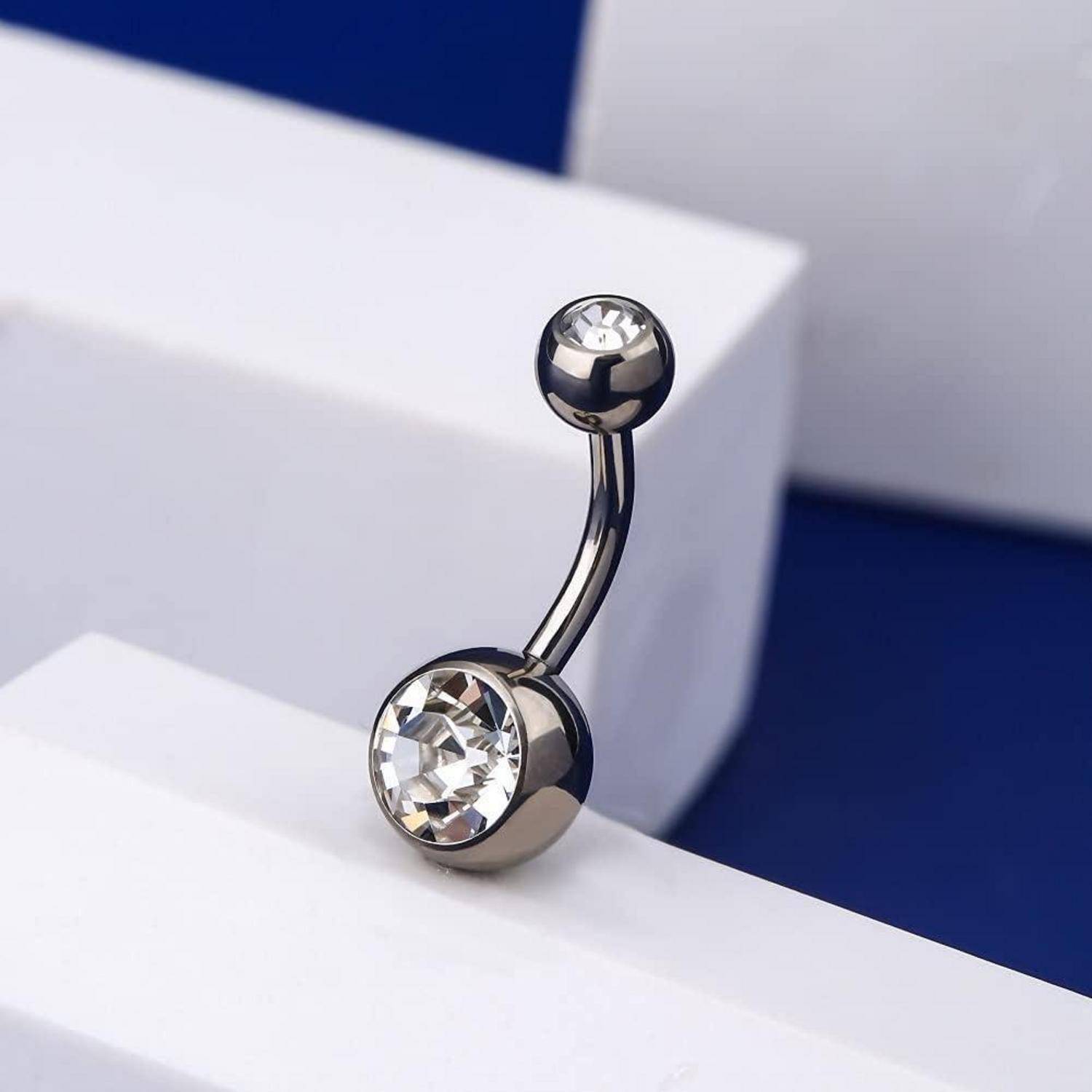Bauchnabelpiercing Titan 14G 12mm Stablänge CZ Kugeln Silber