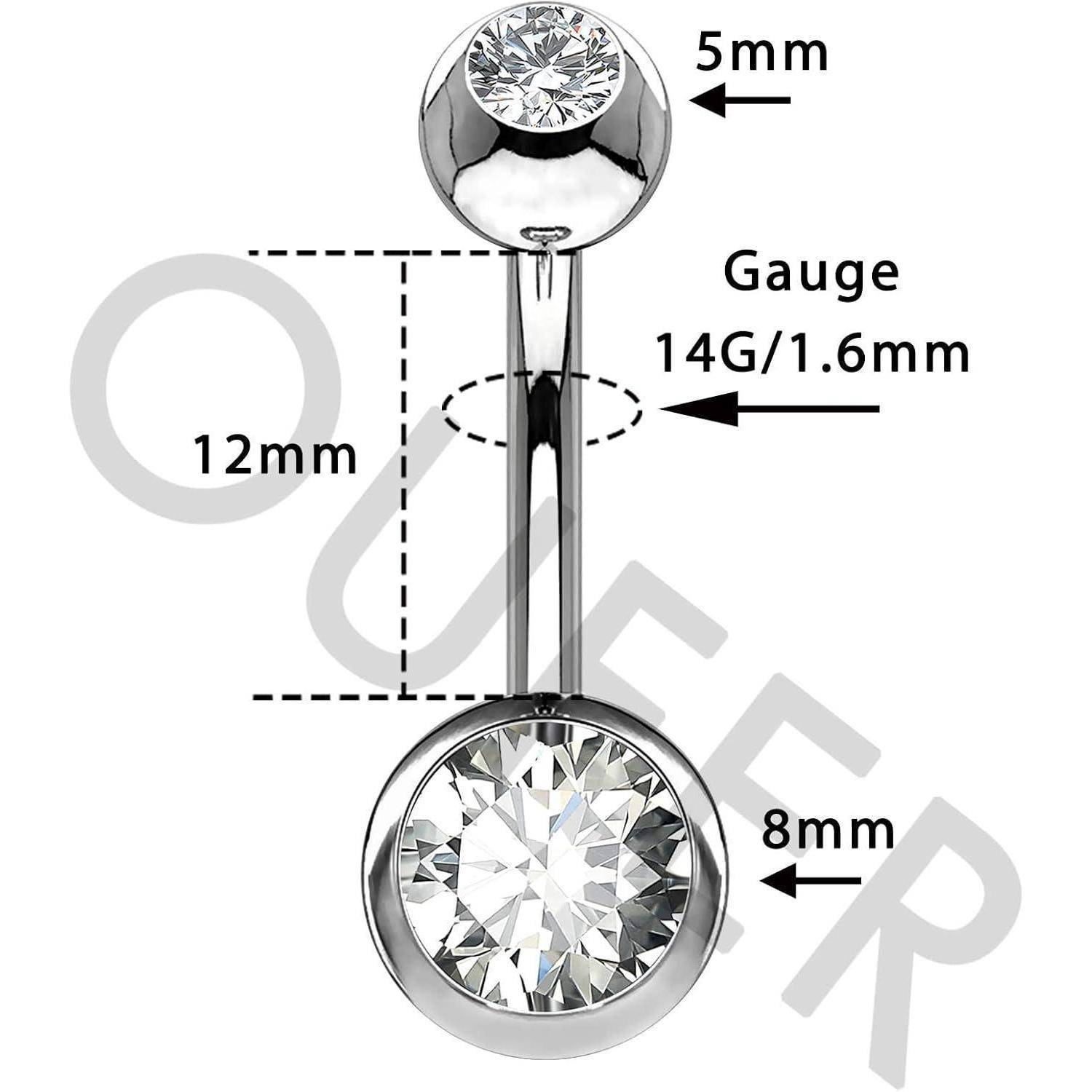 Bauchnabelpiercing Titan 14G 12mm Stablänge CZ Kugeln Silber