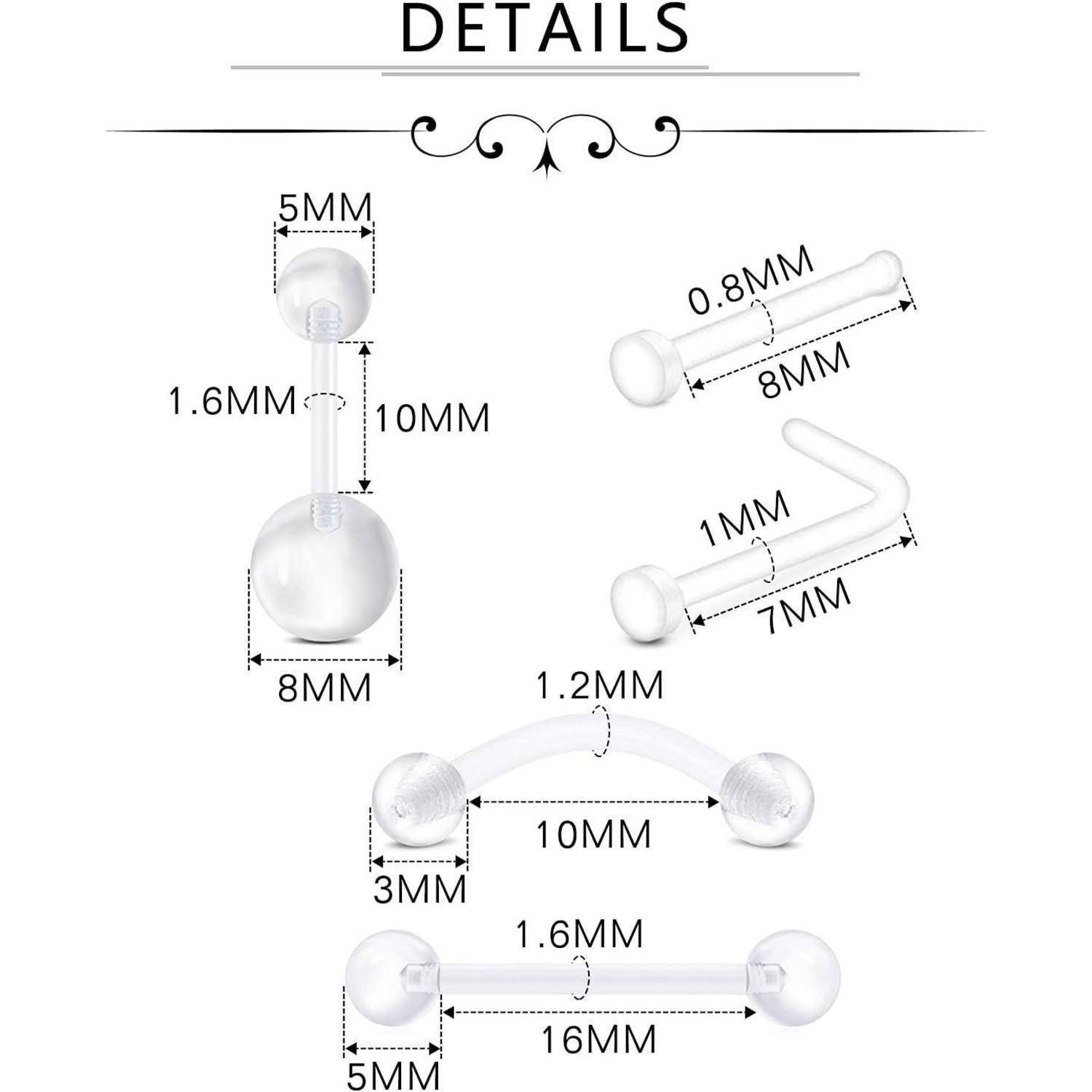 16G 18G Klar Flexible Piercing Retainers Set Hufeisen Labret Nabel