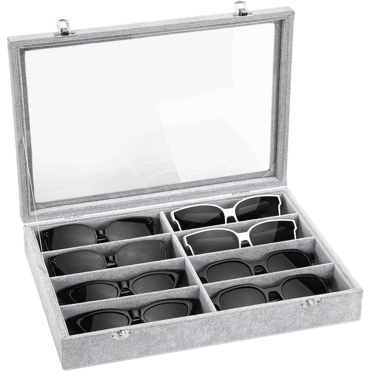 Brillenbox 8 Fächer Samt Brillenkoffer F-8 fächer mit deckel-grau