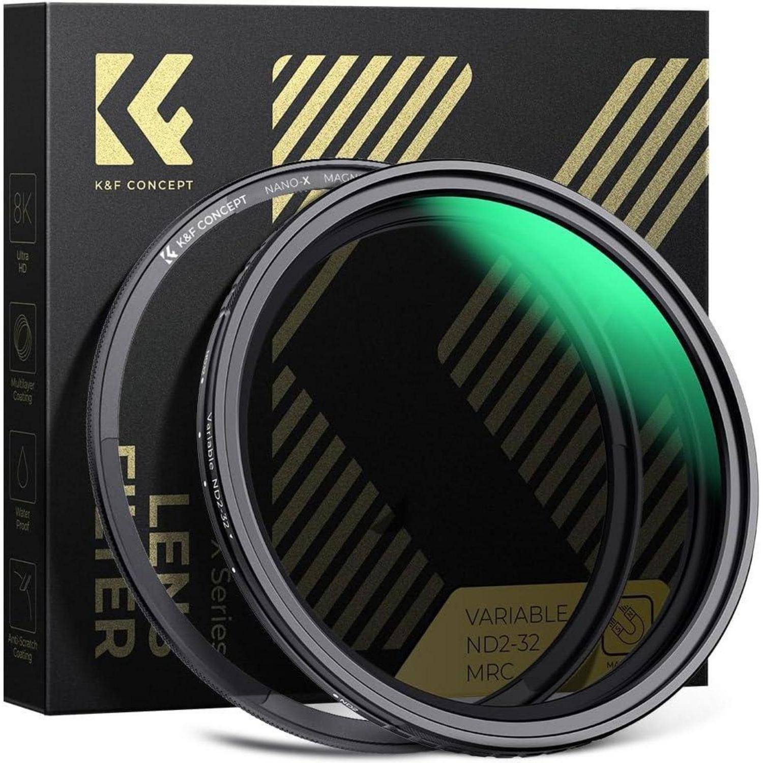 K&F Concept VND-Filter für Kameras, ausgestattet mit Nano-X-Technologie mit einstellbarem ND2-32-Bereich. Schwarze Box mit goldenen Streifen im Hintergrund.