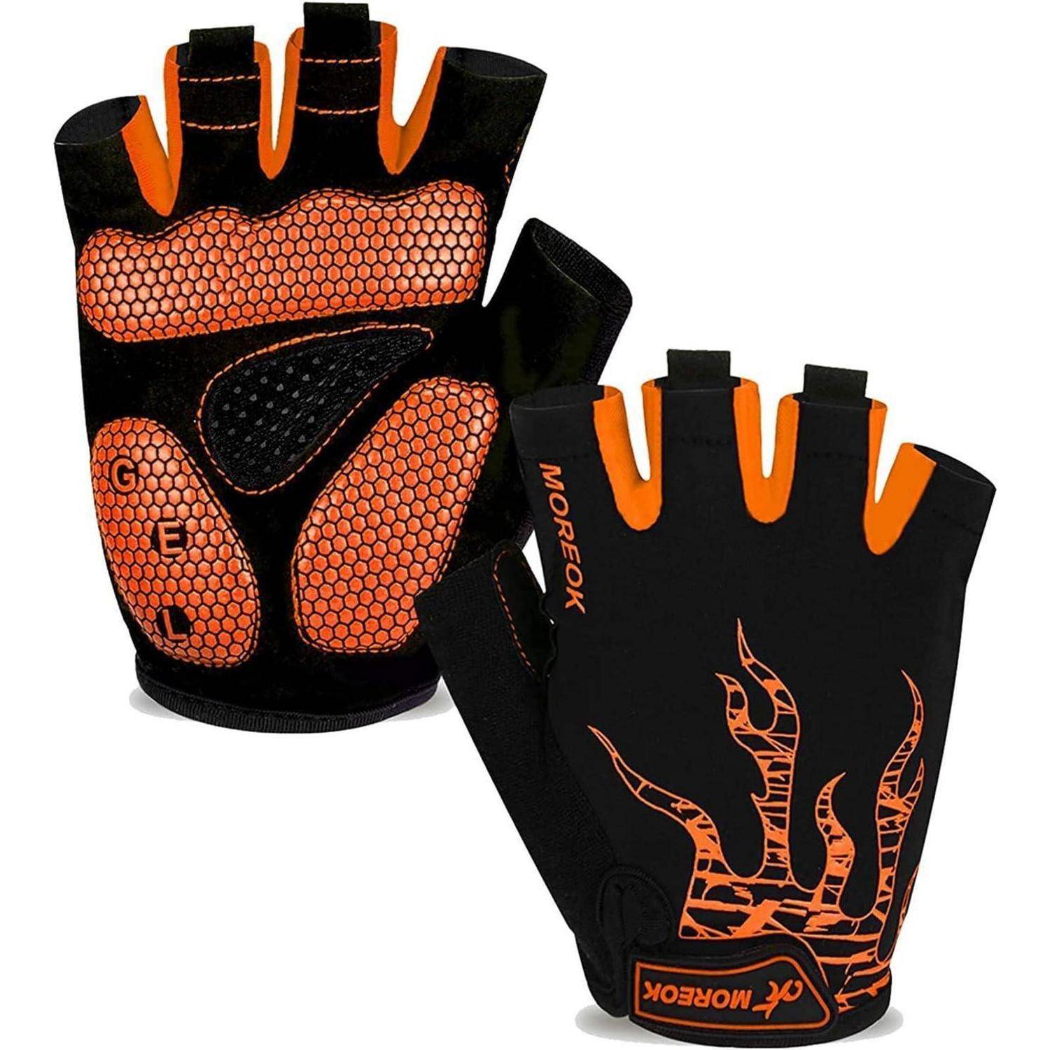 Paar schwarzer und orangefarbener Fahrrad-Halbfingerhandschuhe mit Gel-Polsterung und Flammendesign.