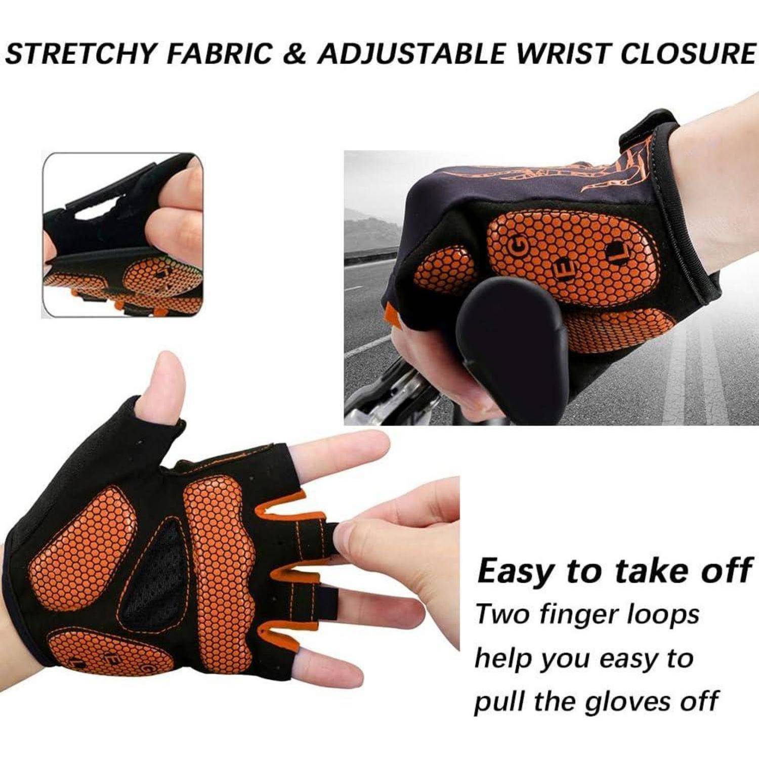 Dehnbares Stoff & Handschuh mit verstellbarem Handgelenkverschluss und zwei Fingerösen für einfaches Ausziehen. Orange-schwarzes Design auf Fahrradlenkern.