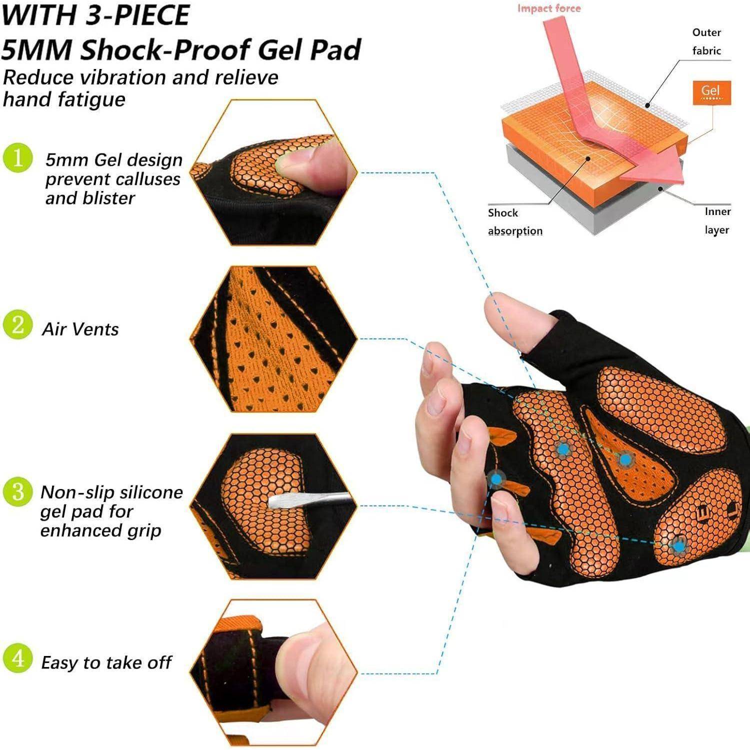 Sporthandschuh-Diagramm: 3-teiliges Design, 5-mm-Gelpolster zur Stoßdämpfung, Belüftungsöffnungen zur Kühlung, rutschfestes Silikon. Einfache Entfernung.
