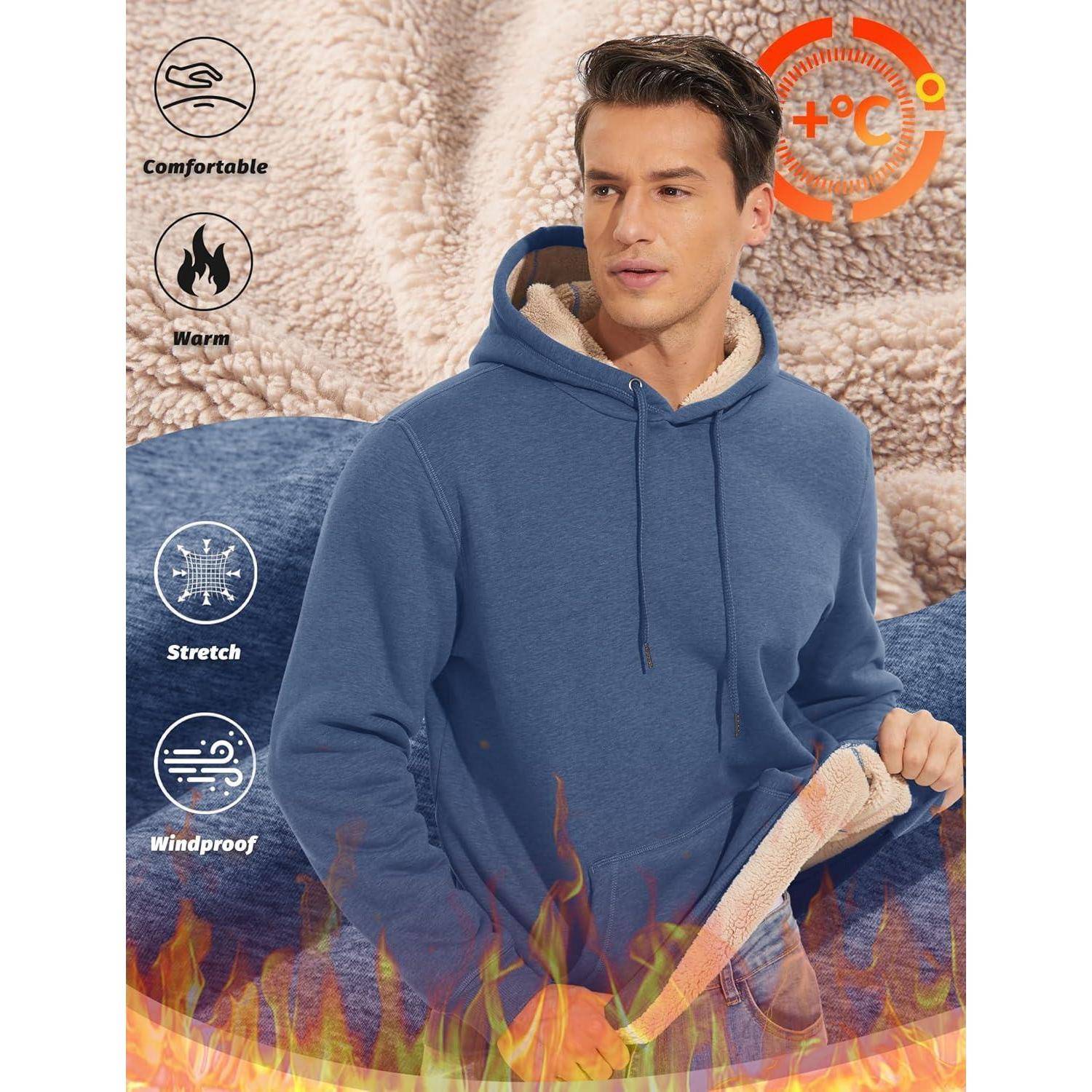 Eine Person trägt einen blauen Kapuzenpullover mit Fleecefutter und steht vor einem warm wirkenden Stoffhintergrund. Symbole zeigen, dass die Kleidung bequem, warm, dehnbar und winddicht ist.