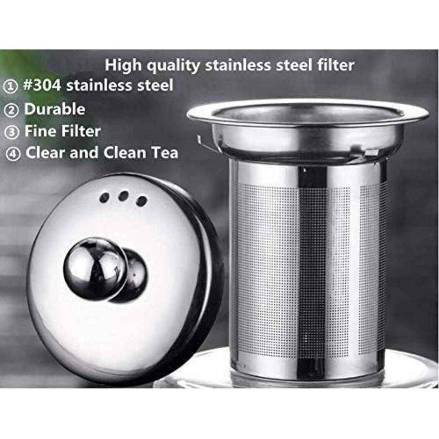 Teefilter aus Edelstahl mit Deckel. Beschriftete Vorteile: '#304 Edelstahl, langlebig, feiner Filter, klarer und reiner Tee.