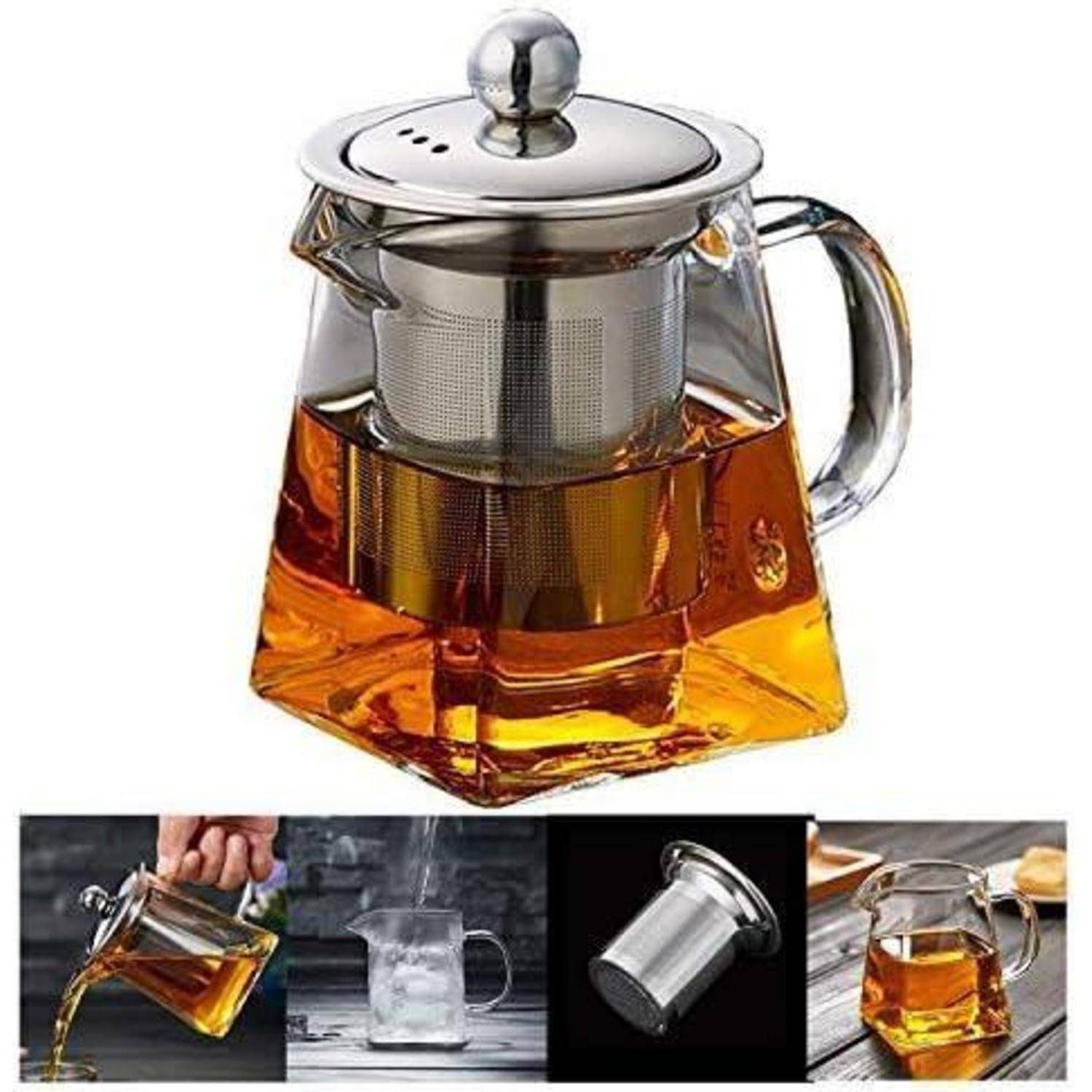 Eine Glaskanne mit einem Metalldeckel und Teesieb ist mit bernsteinfarbenem Tee gefüllt. Darunter zeigen vier kleinere Bilder das Eingießen, Dampfen, Verleihen und eine gefüllte Tasse.