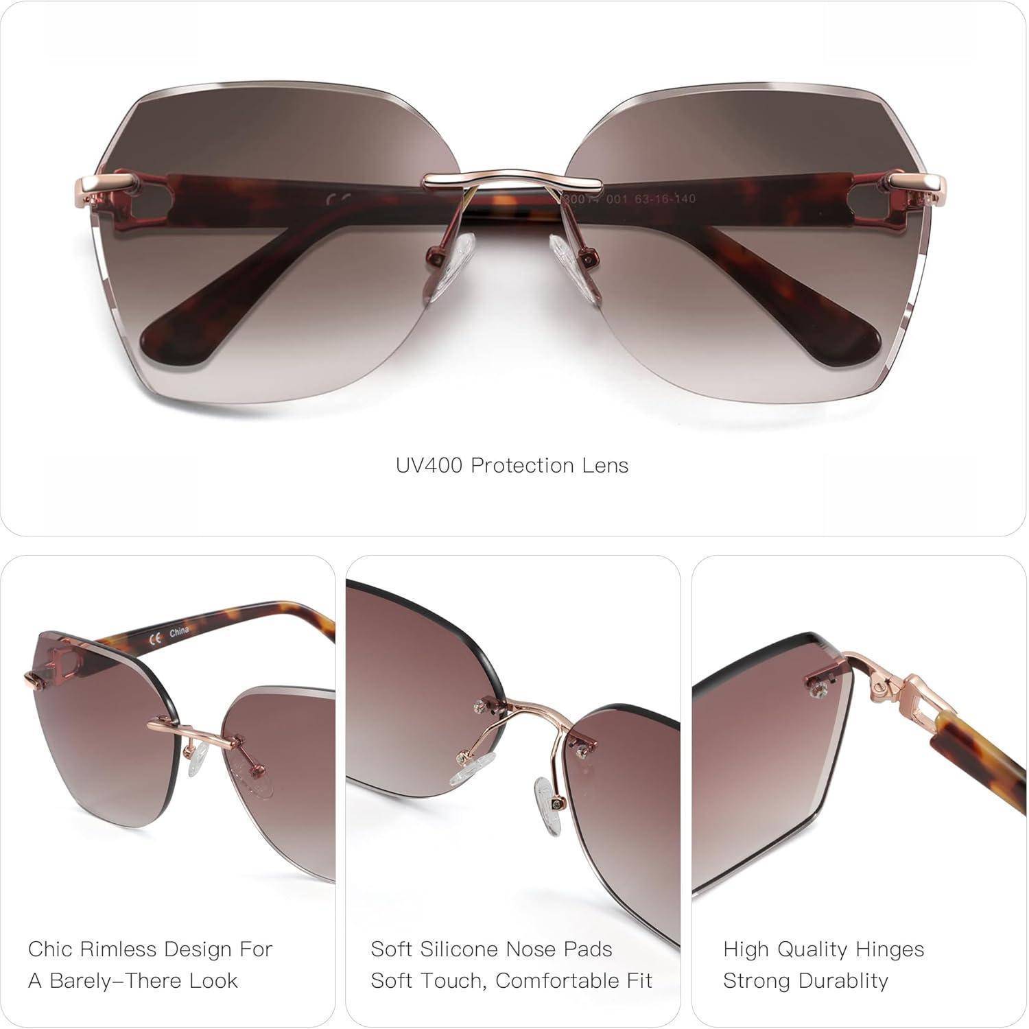 Sonnenbrille Damen Randlos Groß Diamant Verlauf UV Schutz Braun