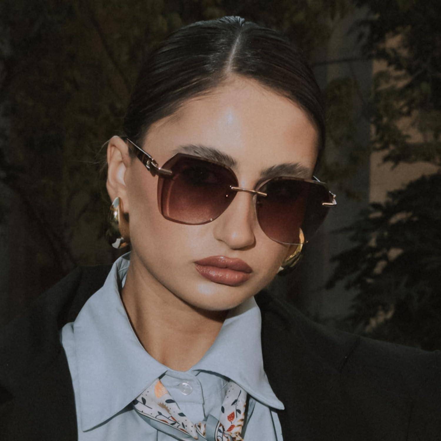 Sonnenbrille Damen Randlos Groß Diamant Verlauf UV Schutz Braun