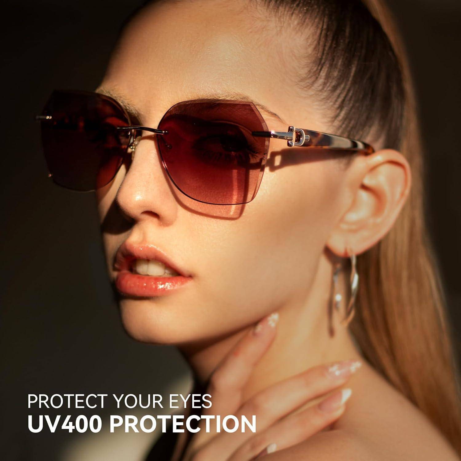 Sonnenbrille Damen Randlos Groß Diamant Verlauf UV Schutz Braun
