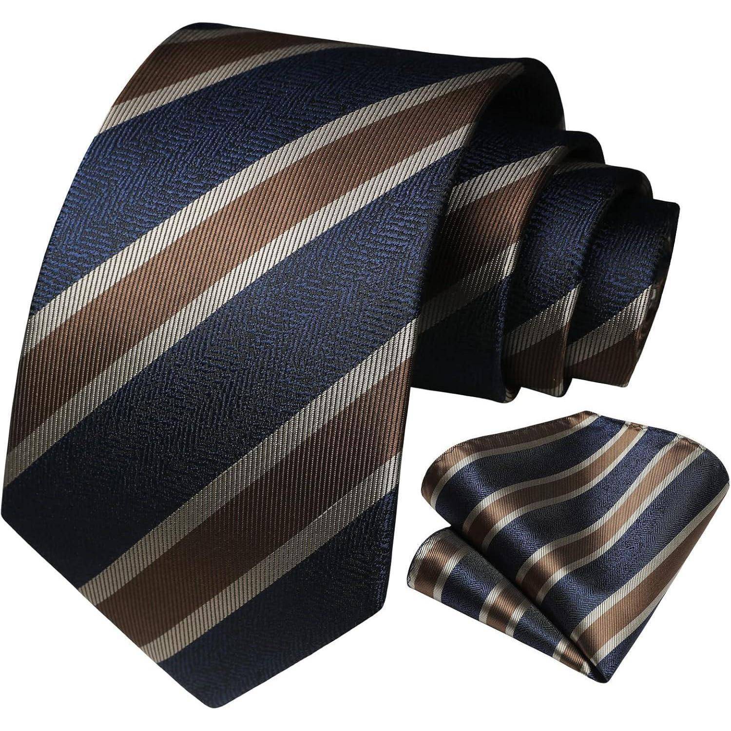 Krawatte Herren Hochzeit Einstecktuch Set gestreift Gold Marineblau