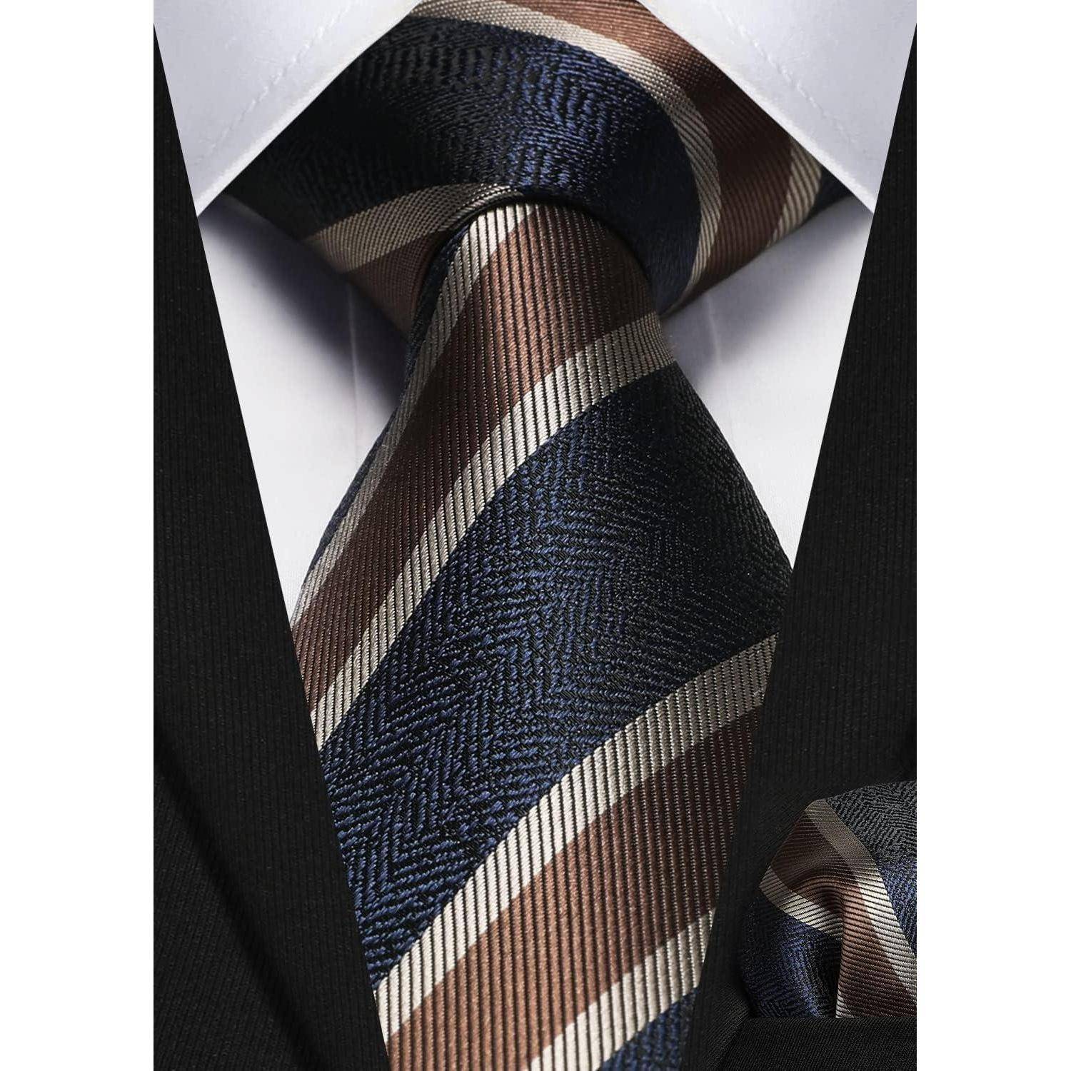 Krawatte Herren Hochzeit Einstecktuch Set gestreift Gold Marineblau