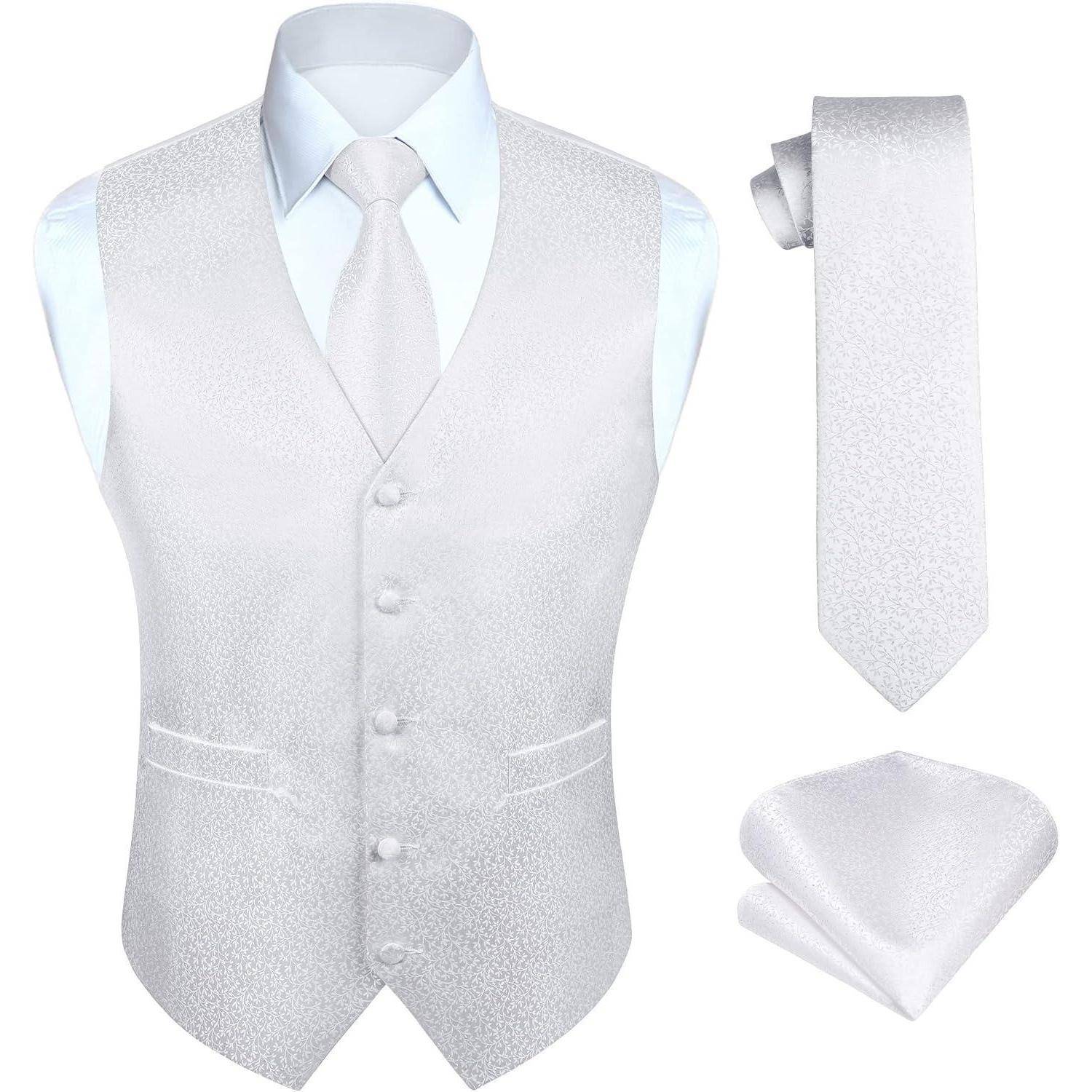 Weste Herren Hochzeit Anzugset Krawatte Einstecktuch Floral XXL Weiß 1