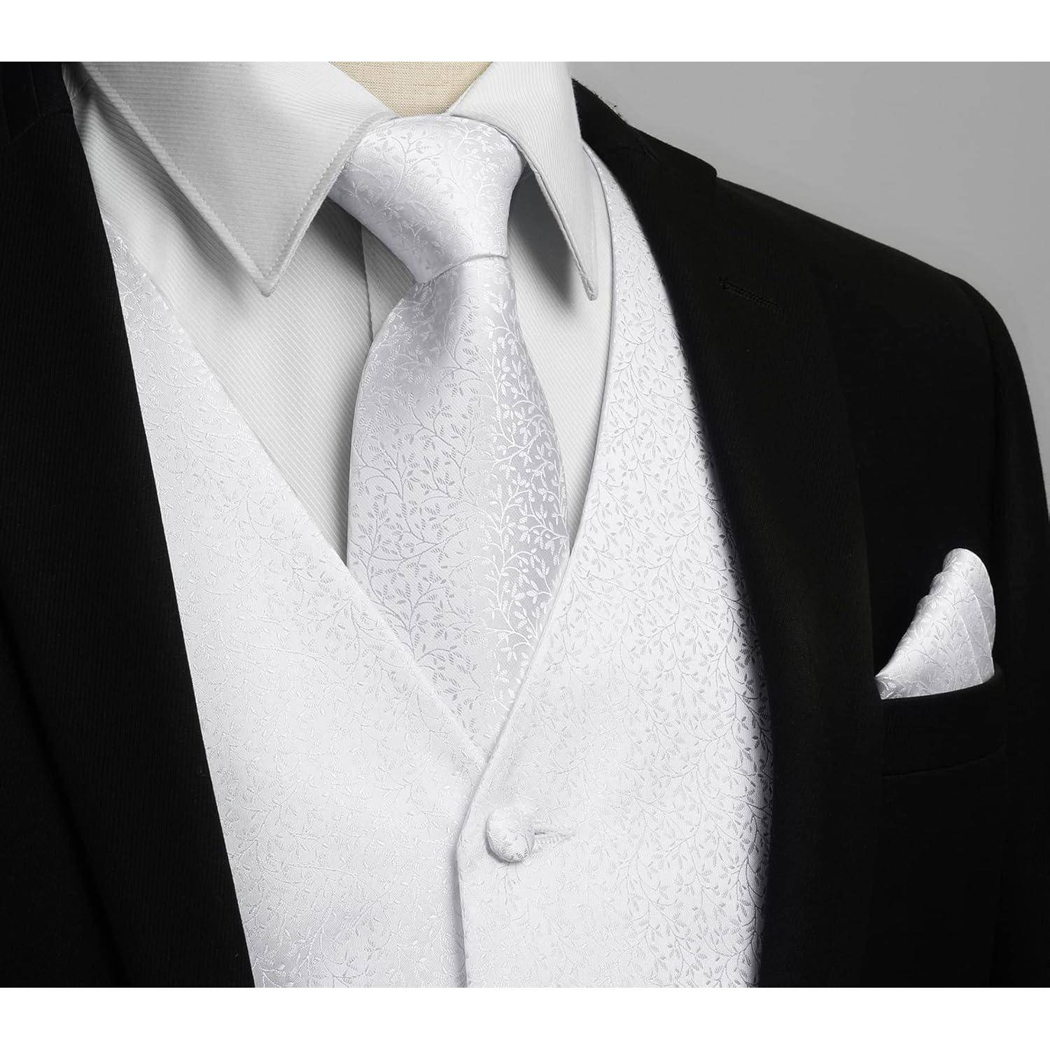 Weste Herren Hochzeit Anzugset Krawatte Einstecktuch Floral XXL Weiß 1