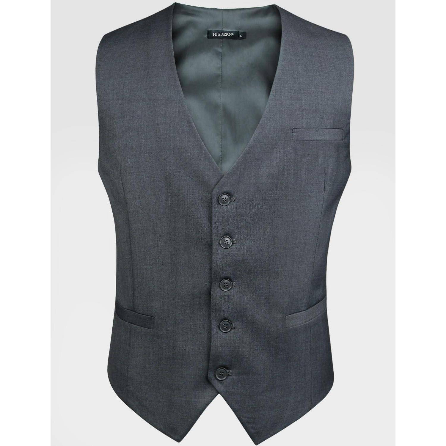 Eine elegante graue Weste mit fünf Knöpfen und zwei Fronttaschen, auf einem schlichten Hintergrund präsentiert. Geeignet für formelle Kleidung.