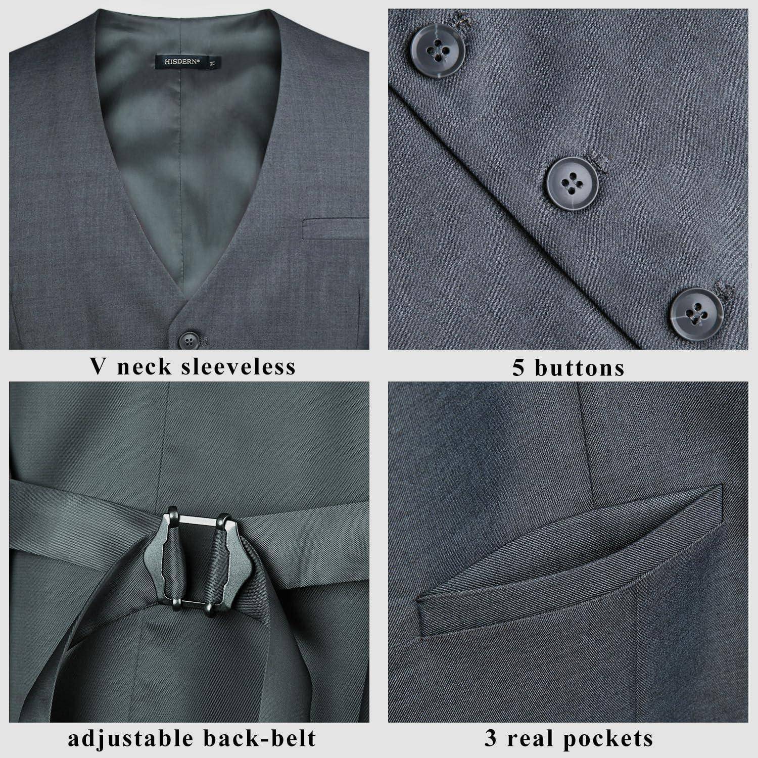 Graue ärmelloses Weste mit V-Ausschnitt, versehen mit fünf Knöpfen, verstellbarem Rückengürtel und drei echten Taschen, die ihre Designmerkmale hervorheben.