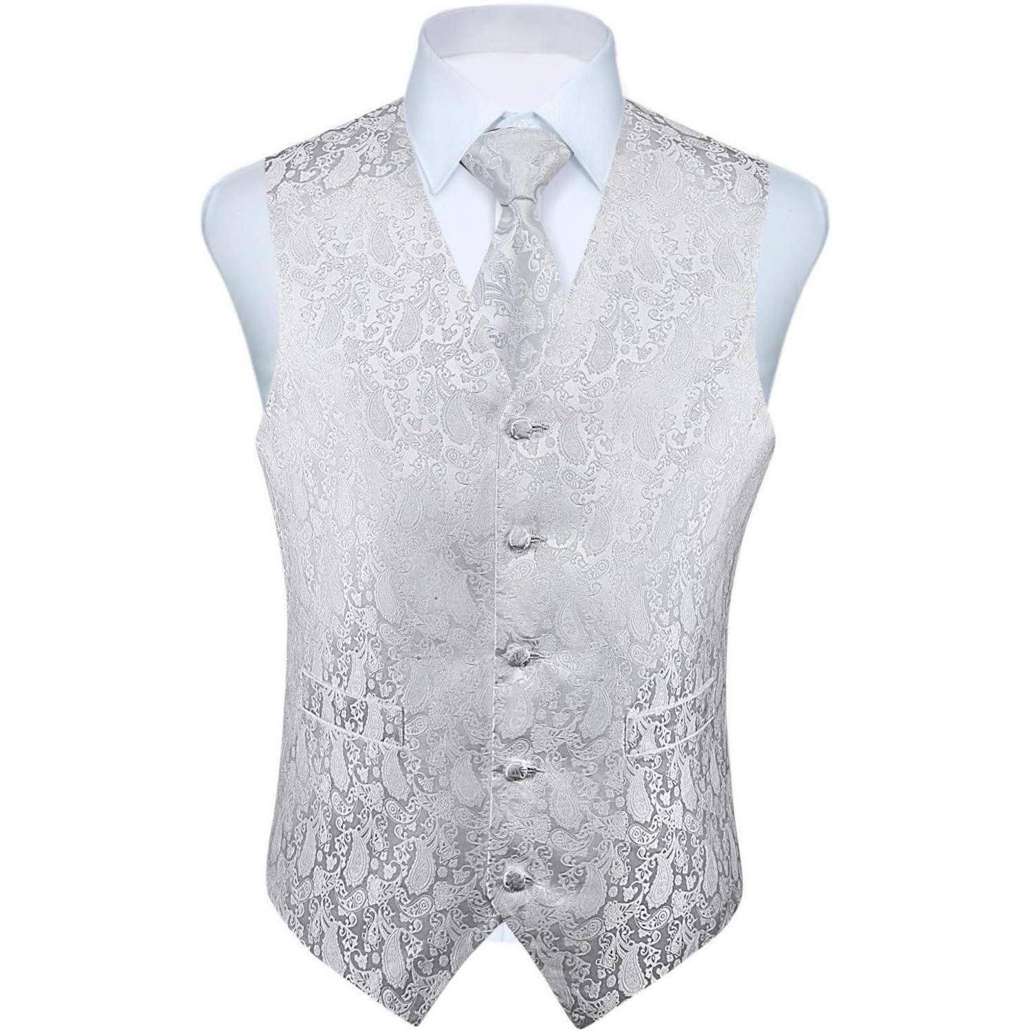 Weste Herren Hochzeit Jacquard floral Krawatte Einstecktuch 3XL Weiß