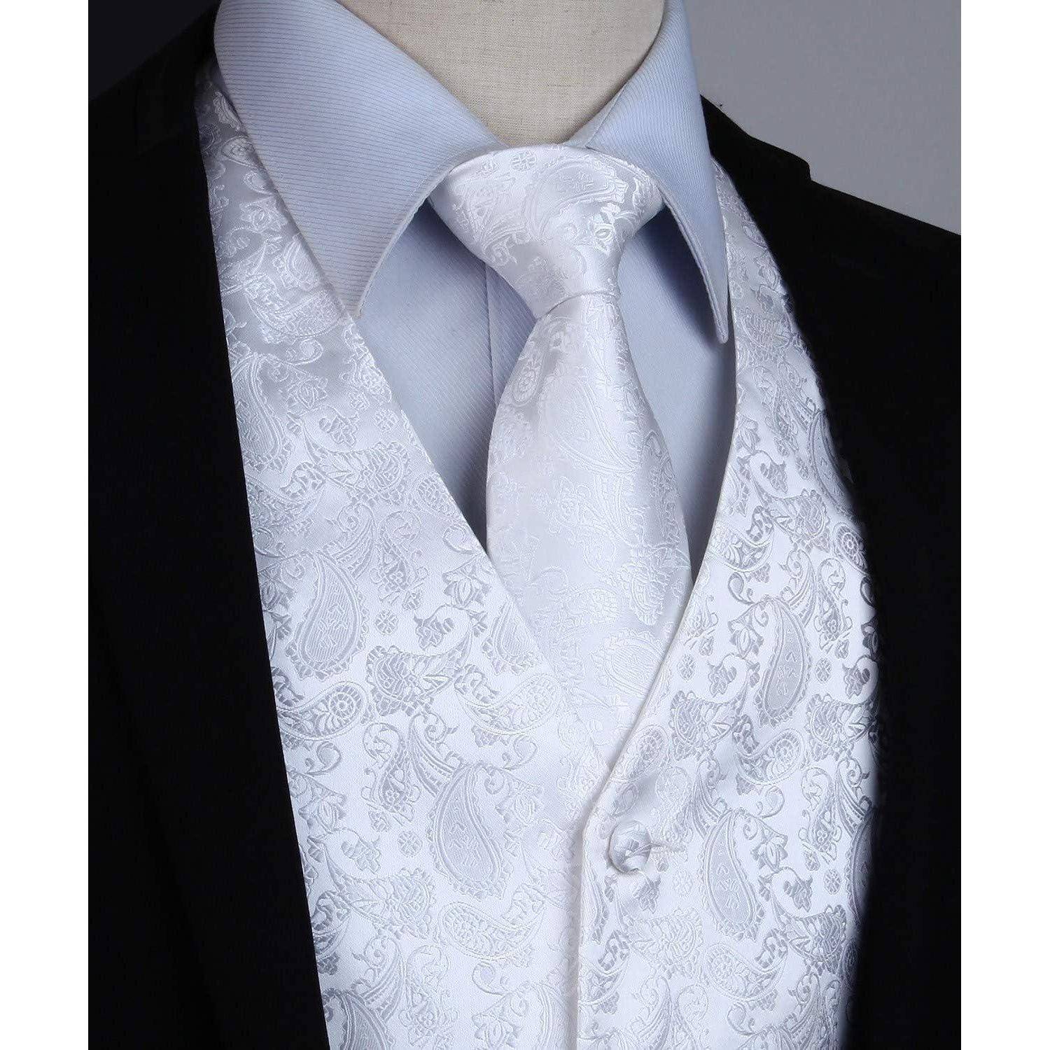 Weste Herren Hochzeit Jacquard floral Krawatte Einstecktuch 3XL Weiß