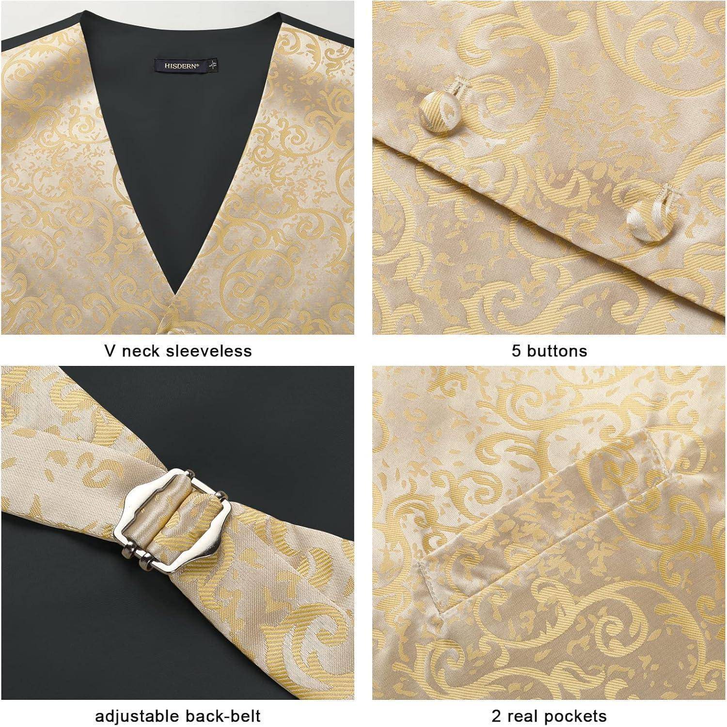 Eine goldene Weste mit V-Ausschnitt, dekorativen Knöpfen, verstellbarem Rückengürtel und zwei Vordertaschen, mit einem kunstvollen Scrollmuster.