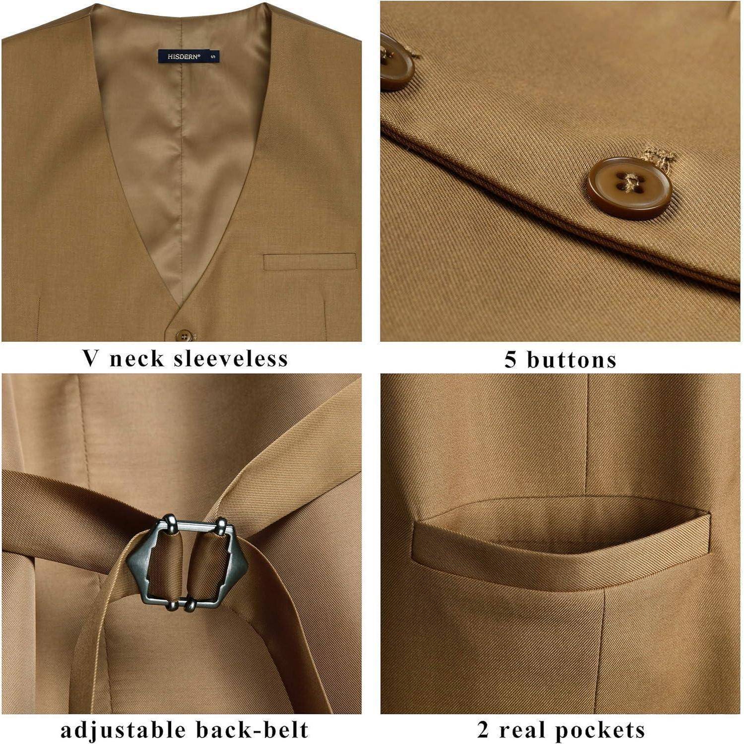 Eine beige Weste ohne Ärmel mit V-Ausschnitt, versehen mit fünf Knöpfen, einem verstellbaren Rückengürtel und zwei echten Taschen, geeignet für formelle Anlässe.