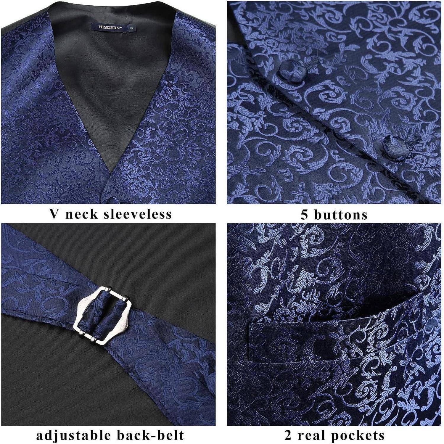 Collage von Nahaufnahmen textiler Details einer blauen Weste mit V-Ausschnitt, ärmelloser Gestaltung, 5 Knöpfen, verstellbarem Rückengürtel und 2 echten Taschen.