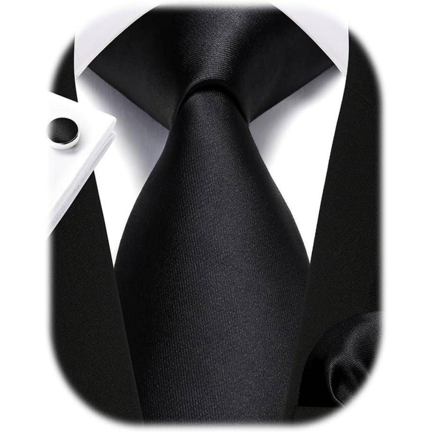 Krawatte Herren Hochzeit Set Einstecktuch Manschettenknopf I Schwarz