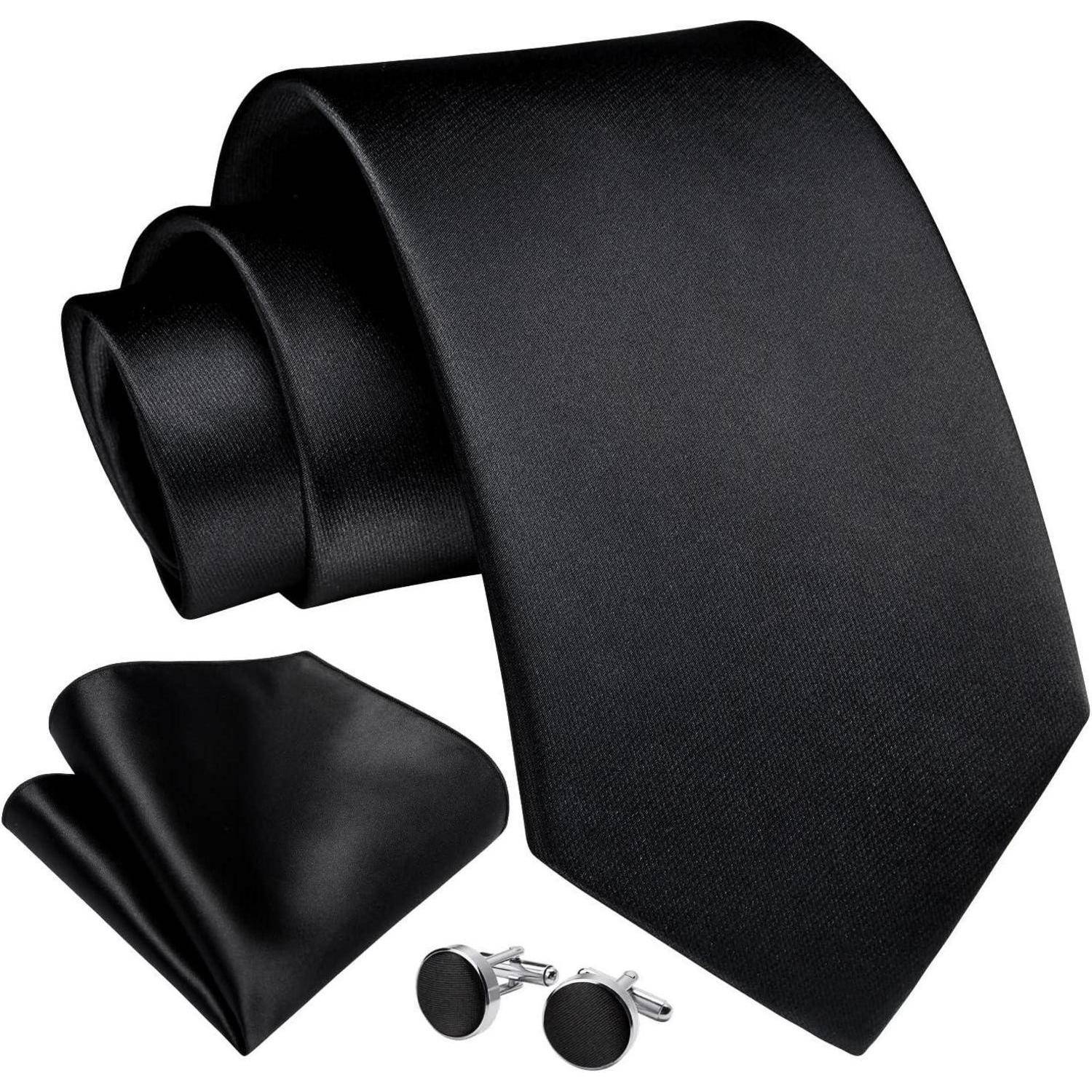 Krawatte Herren Hochzeit Set Einstecktuch Manschettenknopf I Schwarz