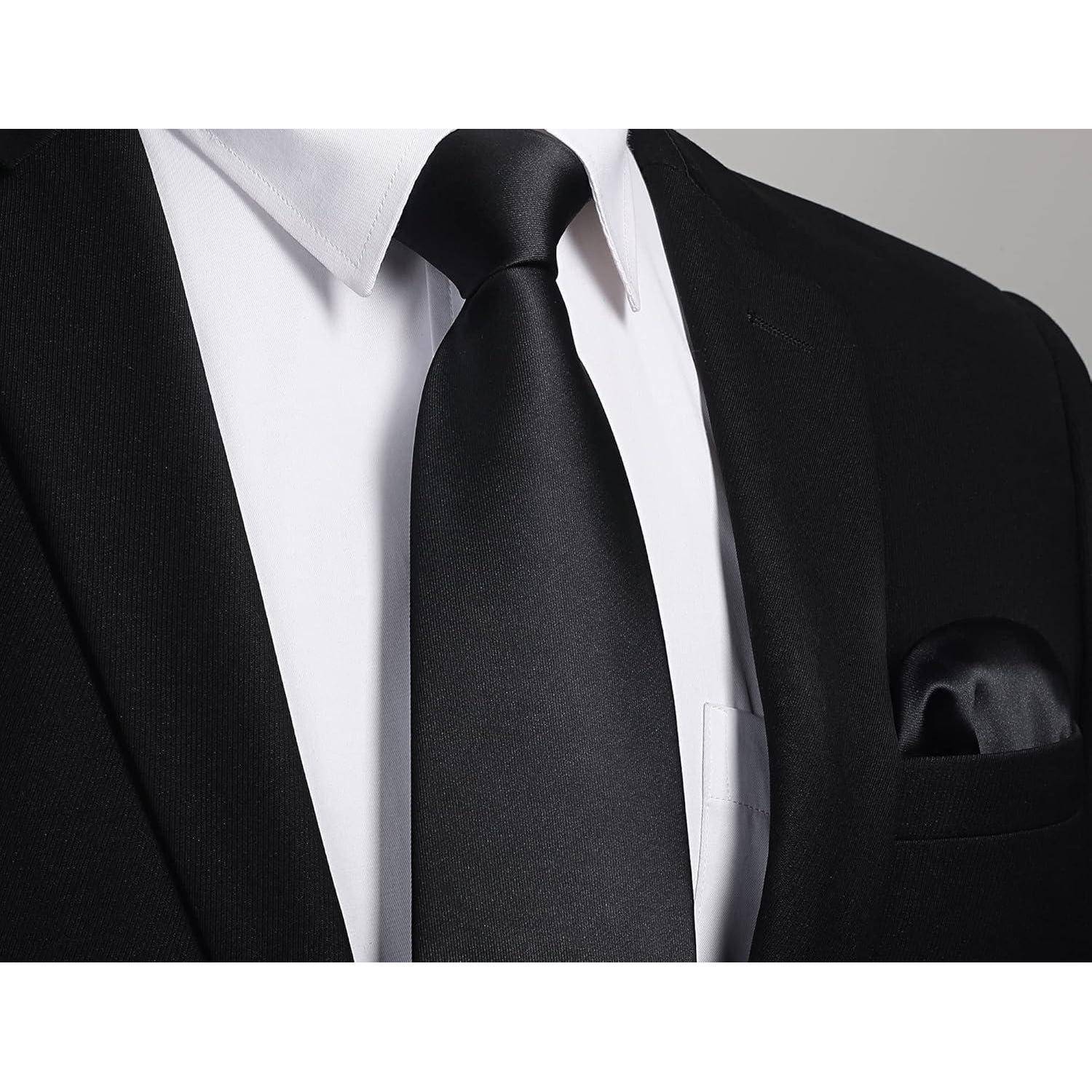 Krawatte Herren Hochzeit Set Einstecktuch Manschettenknopf I Schwarz