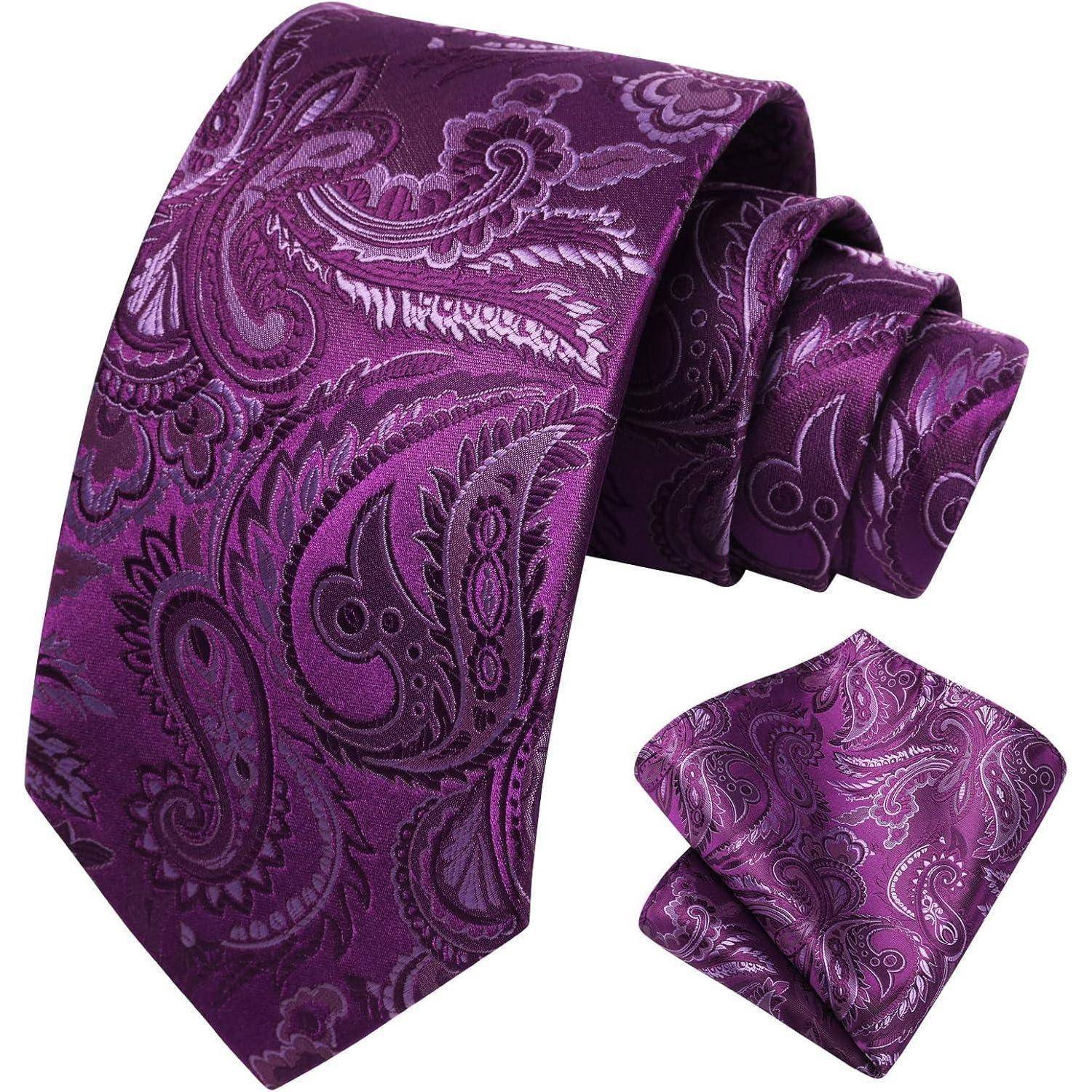 Krawatte Einstecktuch Herren Paisley Blume Hochzeit Set Lila-4