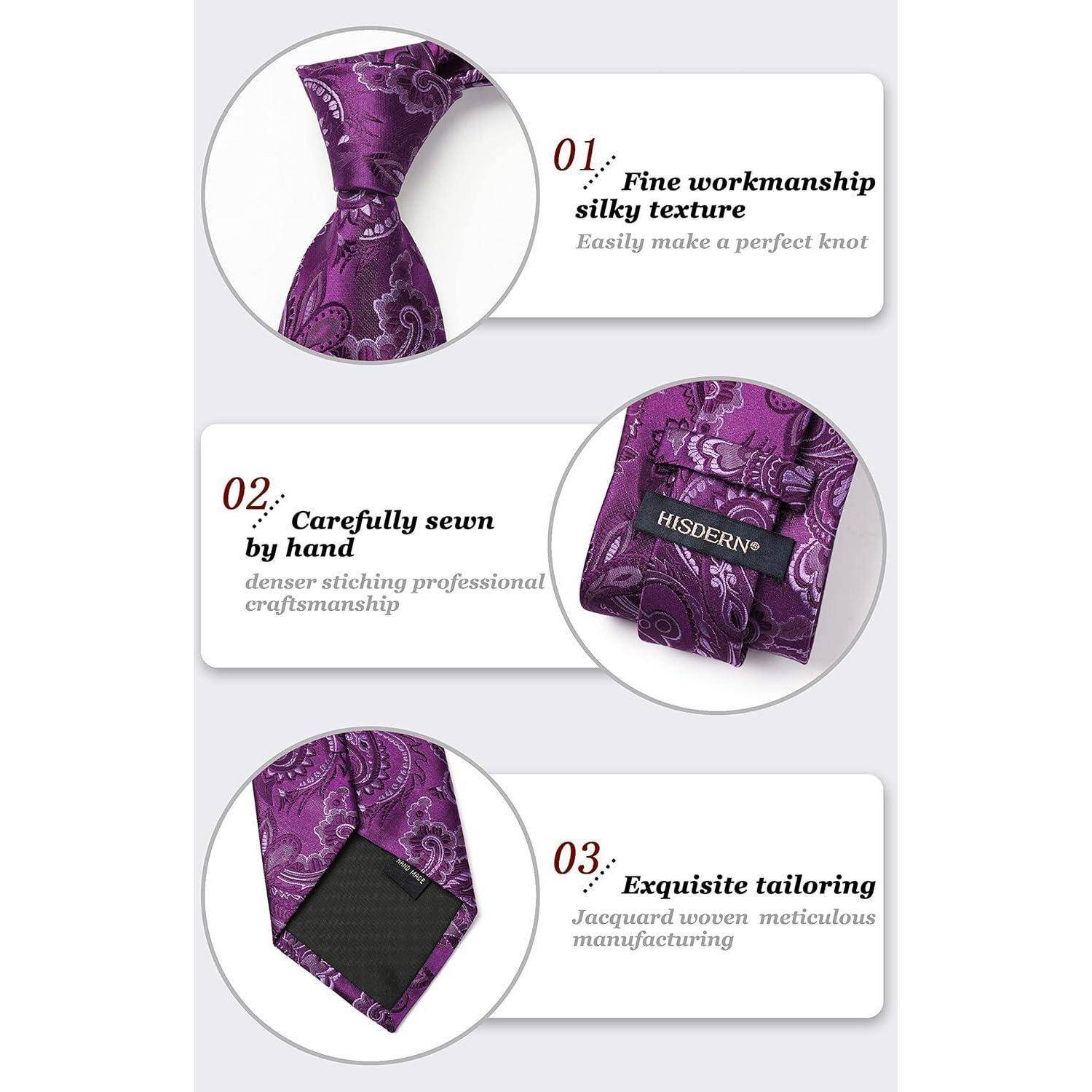 Krawatte Einstecktuch Herren Paisley Blume Hochzeit Set Lila-4