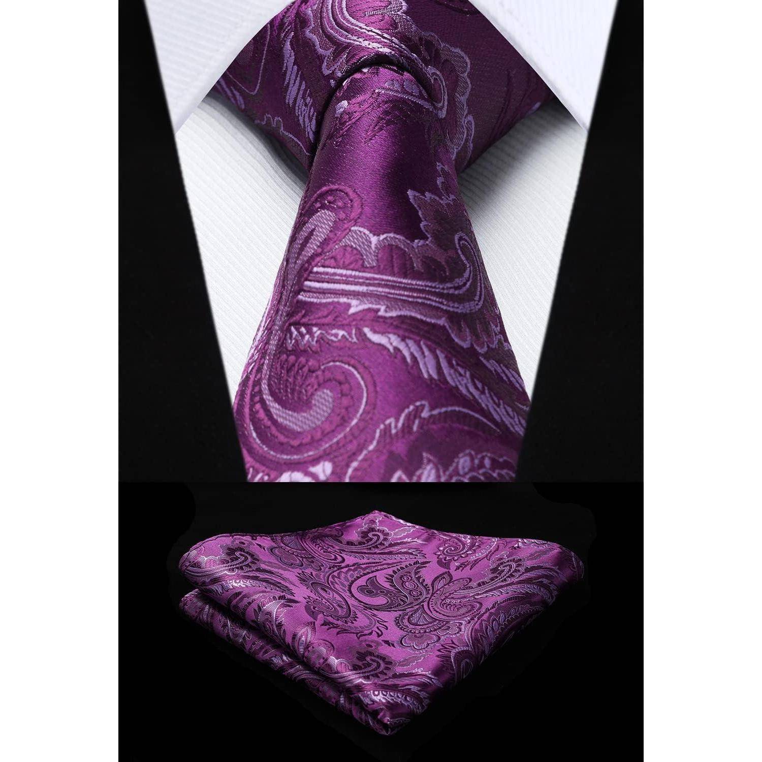 Krawatte Einstecktuch Herren Paisley Blume Hochzeit Set Lila-4