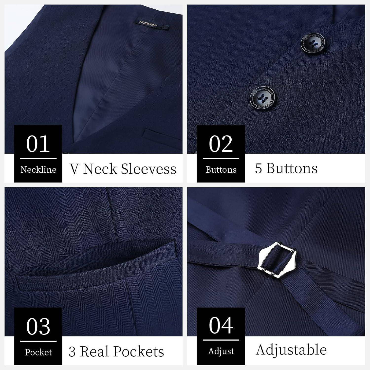 Nahaufnahmen eines Marineblazer mit V-Ausschnitt, fünf Knöpfen, drei echten Taschen und verstellbaren Trägern.