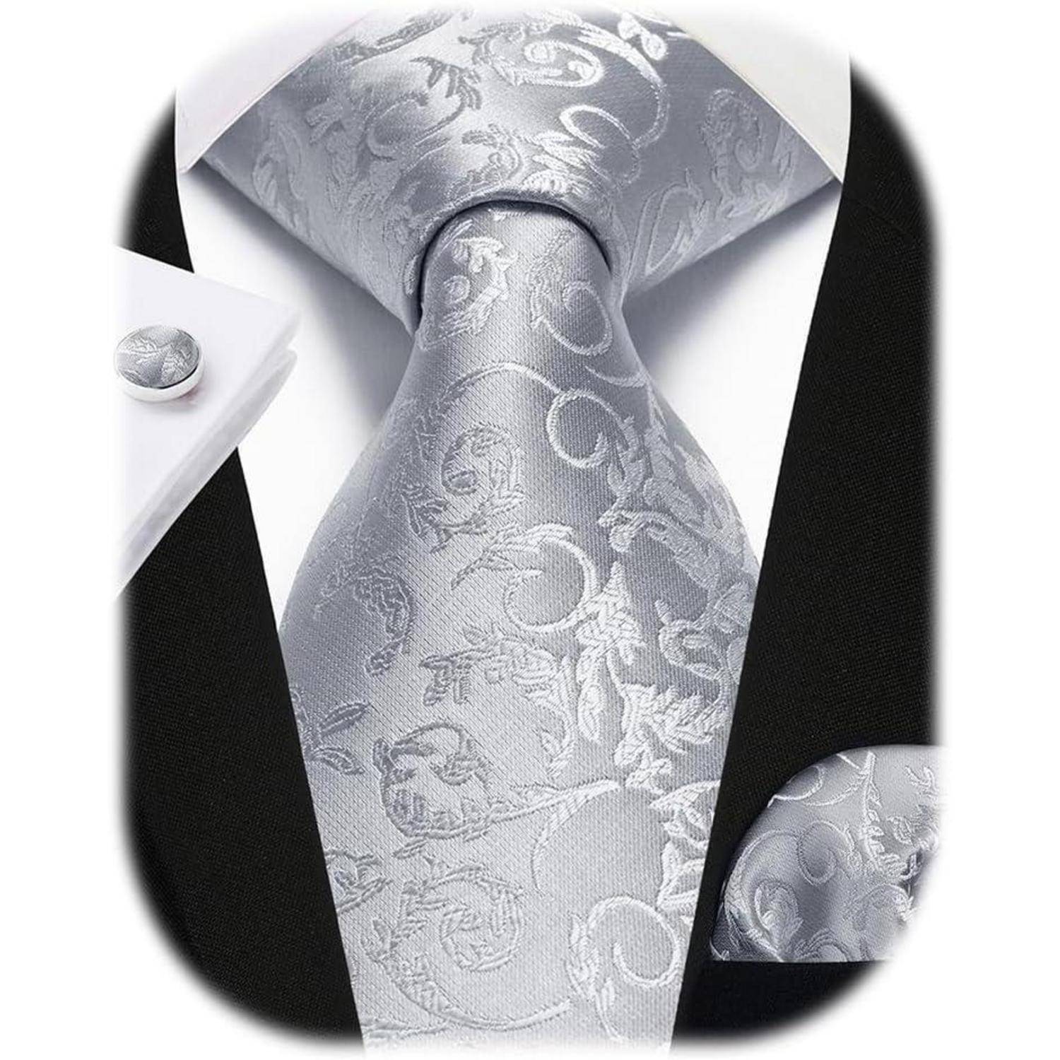 Krawatte Herren Hochzeit Seide Paisley Einstecktuch D1 Silber Hellgrau