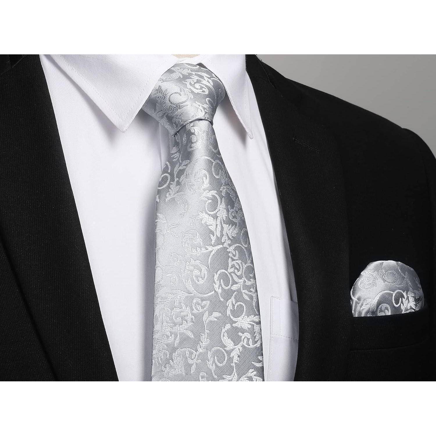 Krawatte Herren Hochzeit Seide Paisley Einstecktuch D1 Silber Hellgrau