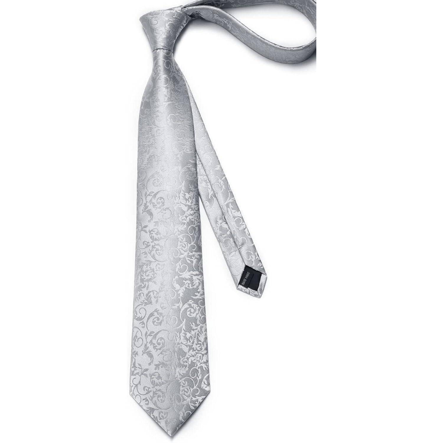 Krawatte Herren Hochzeit Seide Paisley Einstecktuch D1 Silber Hellgrau