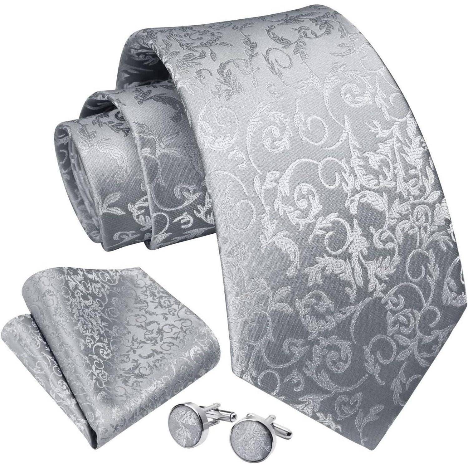 Krawatte Herren Hochzeit Seide Paisley Einstecktuch D1 Silber Hellgrau