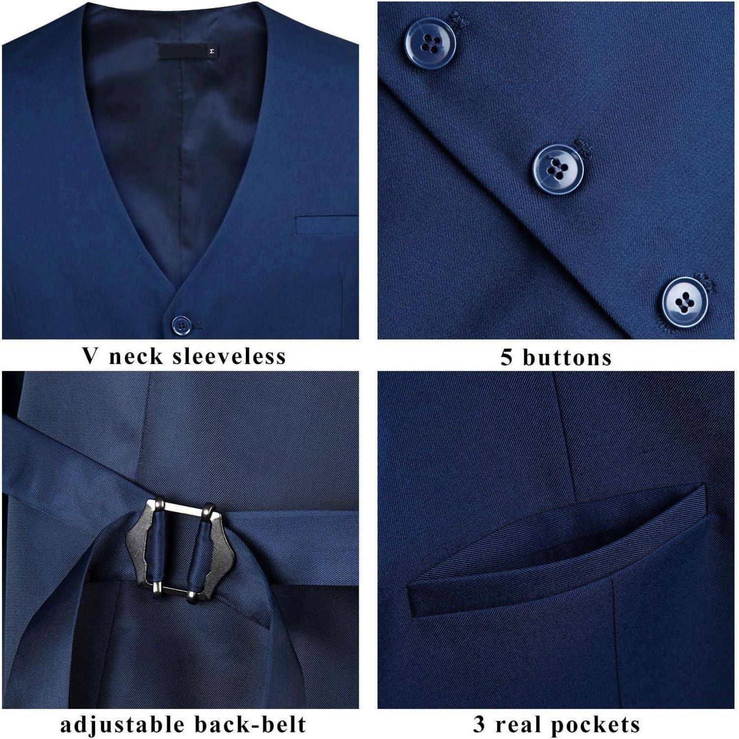 Eine blaue ärmelllose Weste mit V-Ausschnitt, verstellbarem Rückengürtel, fünf Knöpfen und drei echten Taschen.