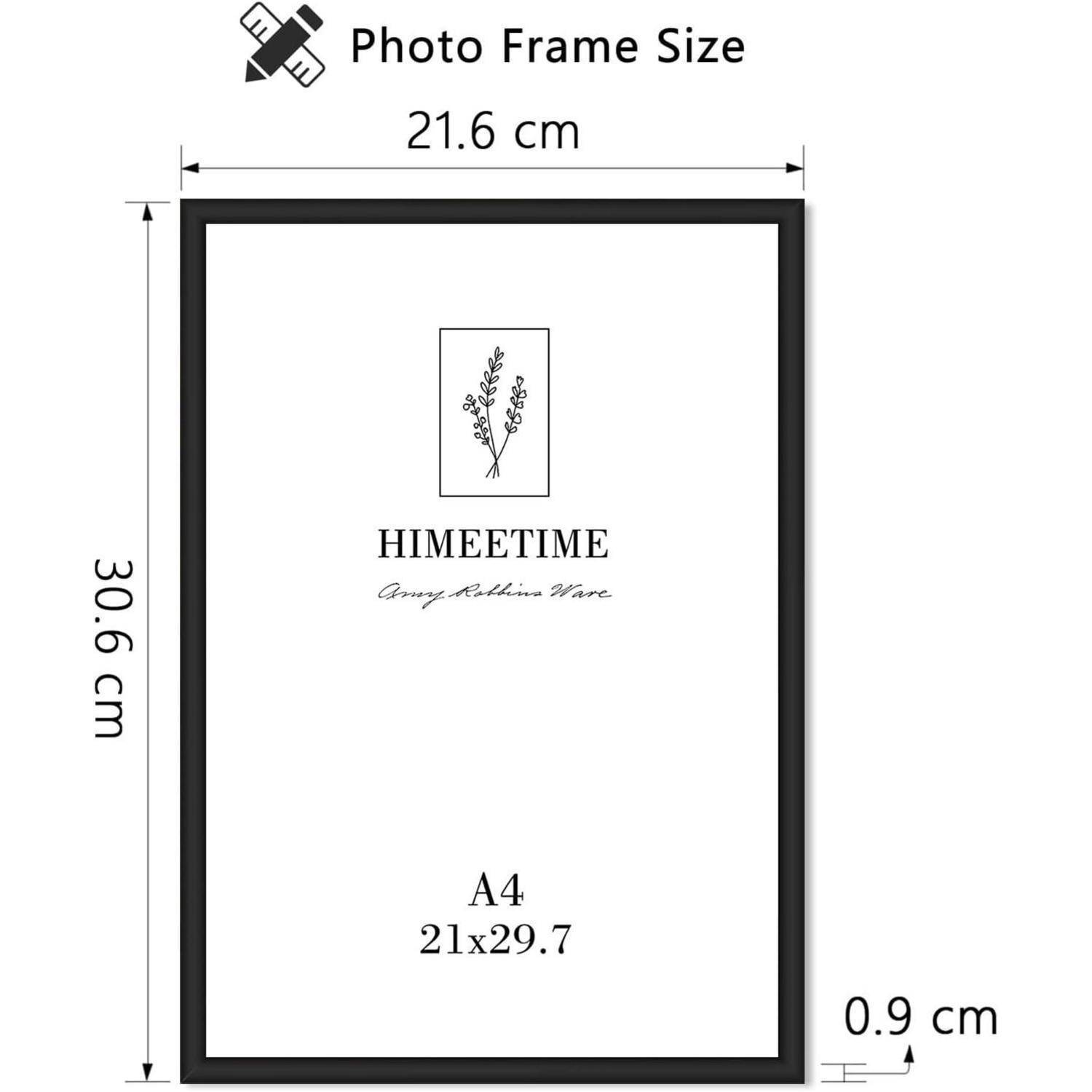 Fotorahmen mit Abmessungen: 21,6 cm Breite, 30,6 cm Höhe und 0,9 cm Tiefe. Zeigt A4-Größe (21x29,7 cm) mit Illustration.